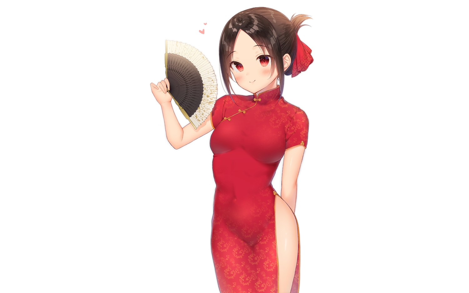 black_hair, breasts, chinese_clothes, chinese_dress, dress, fan, gyozanuko, kaguya-sama_wa_kokurasetai_~tensai-tachi_no_renai_zunousen~, red_eyes, shinomiya_kaguya, short_hair, third-party_edit, white