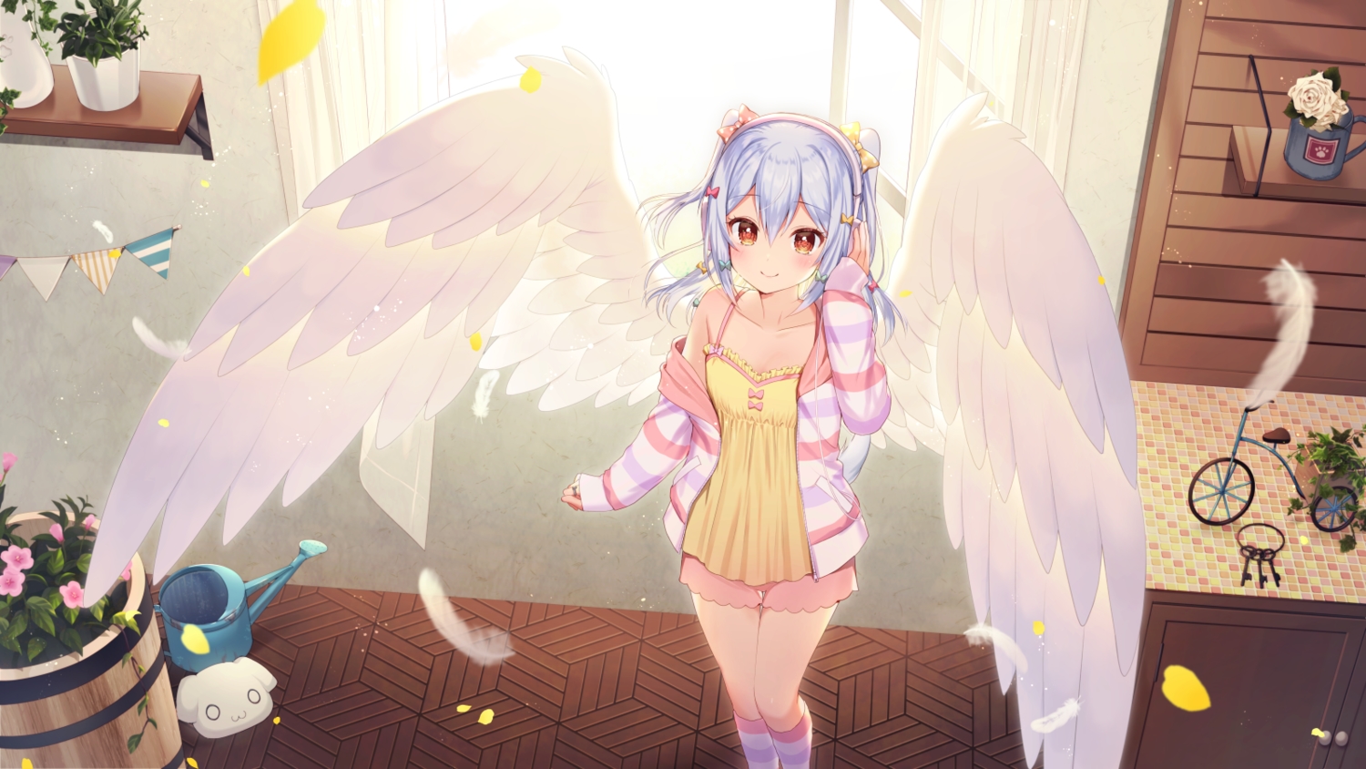 aliasing, all_male, blue_hair, blush, feathers, flowers, headphones, hood