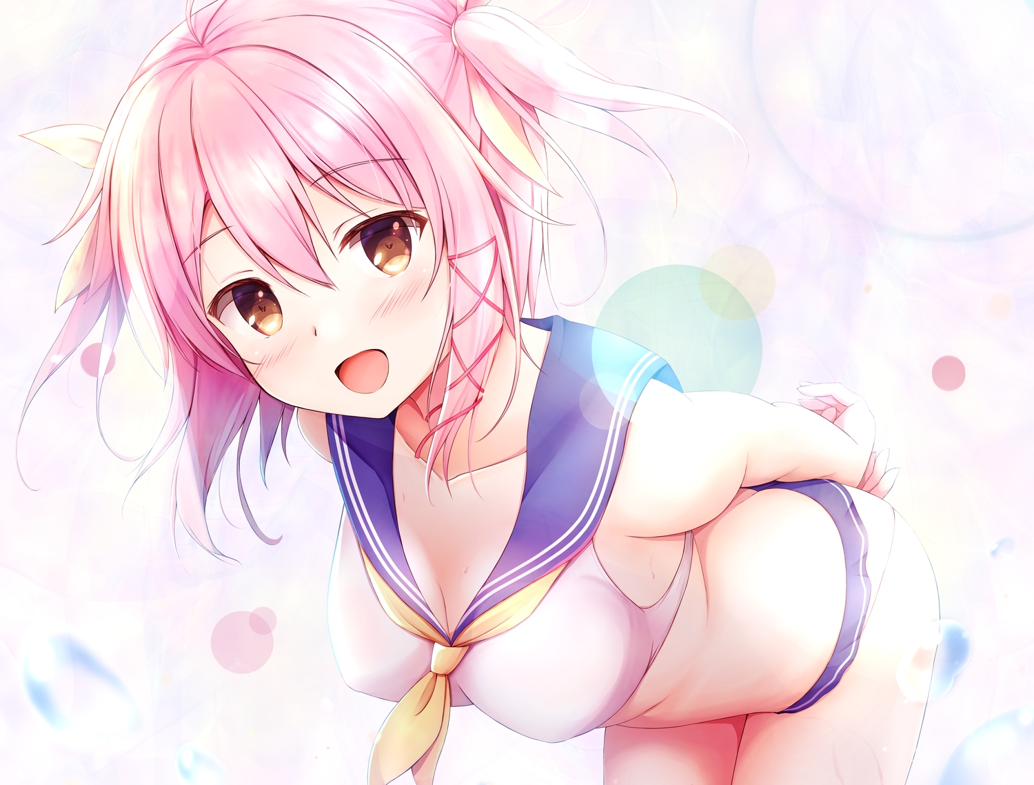 bikini, blush, breasts, brown_eyes, cleavage, natsu_(927013), original, pink_hair