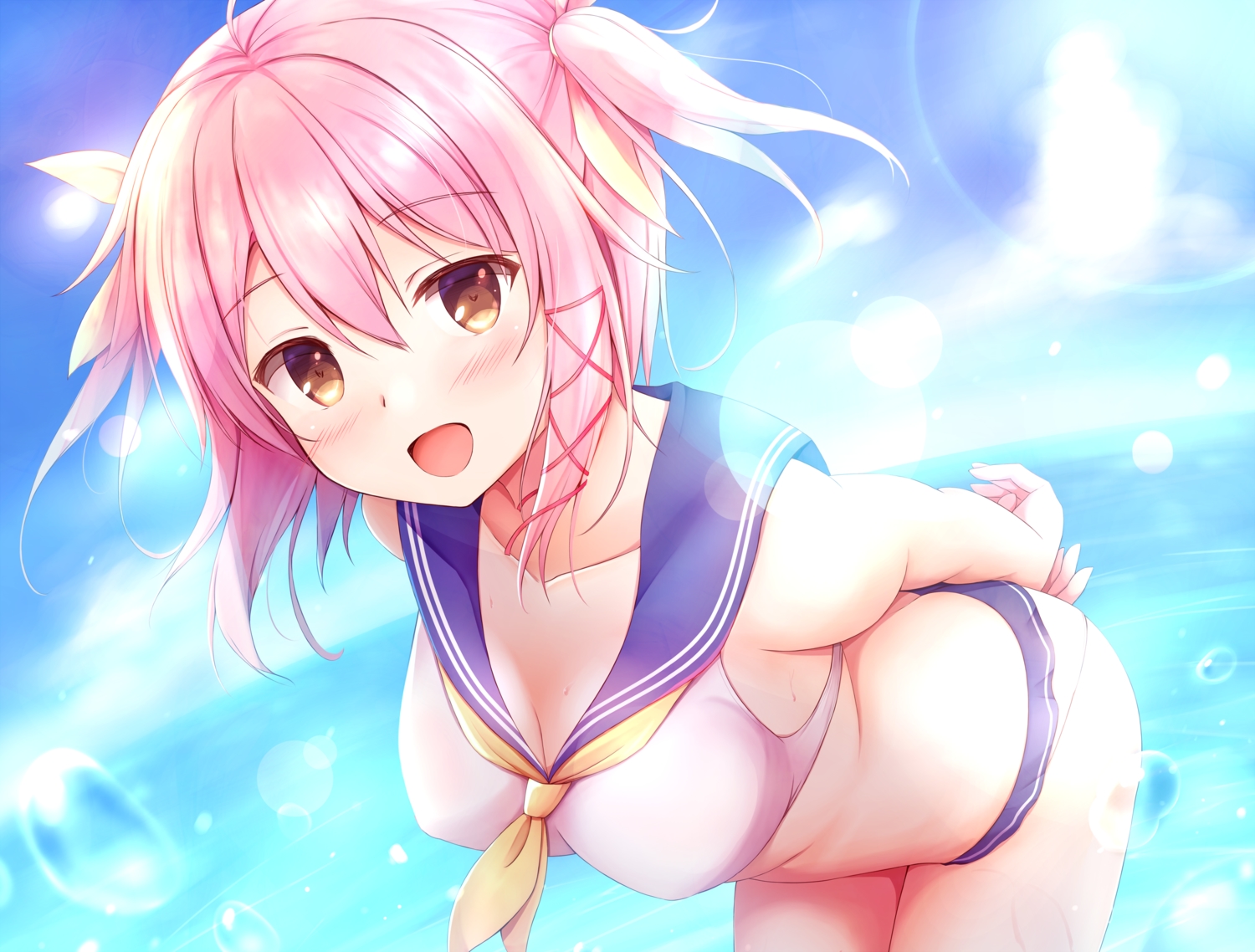 bikini, blush, breasts, brown_eyes, cleavage, clouds, natsu_(927013), original