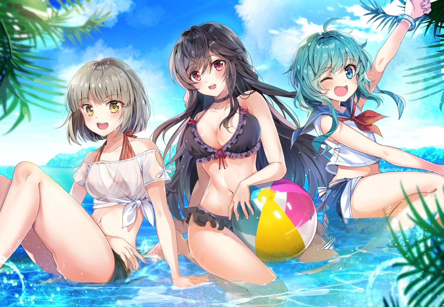 ball, bikini, boku_no_kanojo_wa_ningyohime!?, chocho_(homelessfox), koma_ion, long_hair, petako_(boku_no_kanojo_wa_ningyohime!?), rin_(boku_no_kanojo_wa_ningyohime!?), school_uniform, sekai_project, short_hair, swimsuit, water, wink