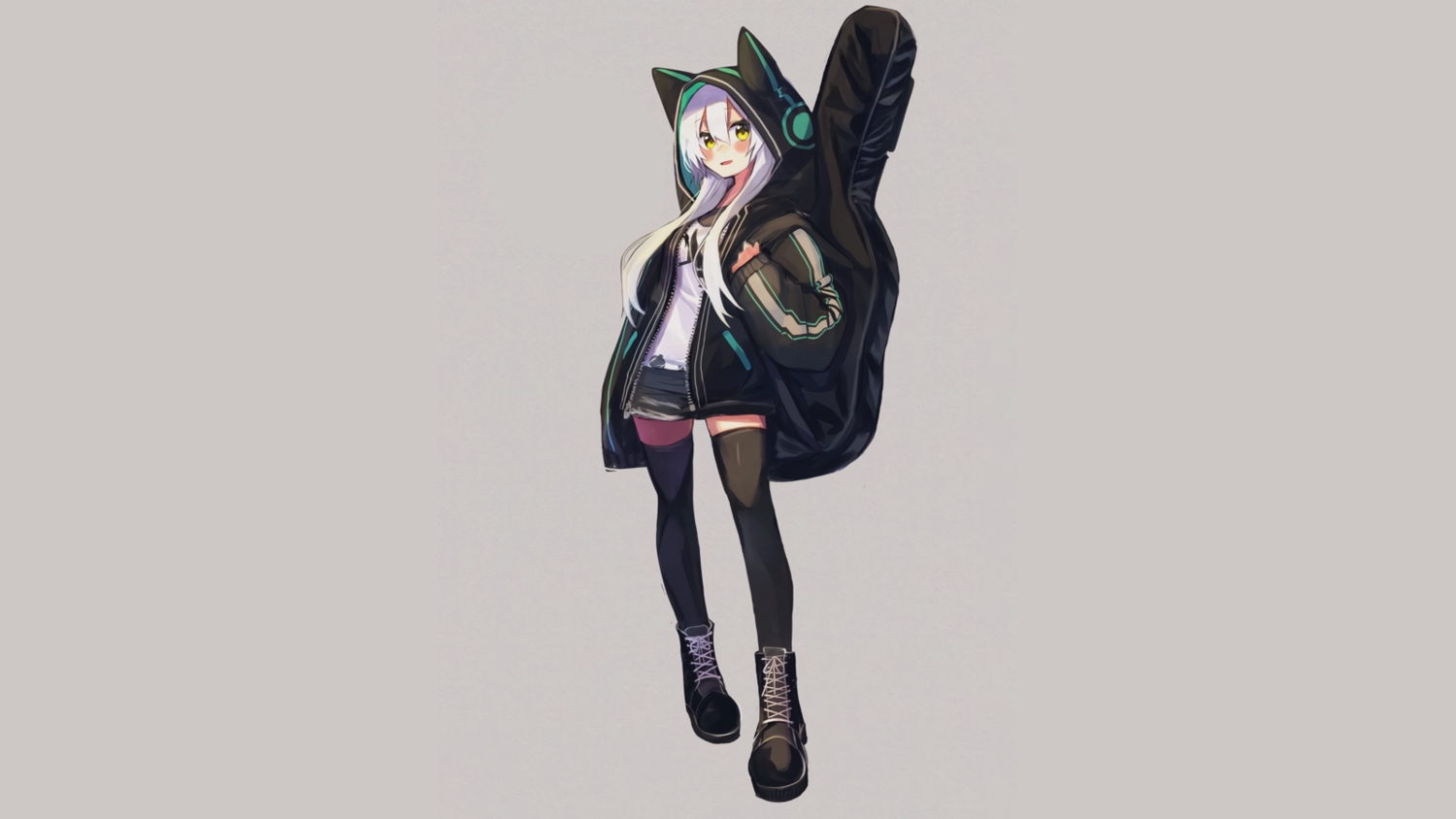 animal_ears, boots, daifukumochi_(akaaokiiwo), guitar, hood, instrument, kanade_kanon, kanade_kanon_official, long_hair, thighhighs, third-party_edit, white_hair, yellow_eyes, zettai_ryouiki