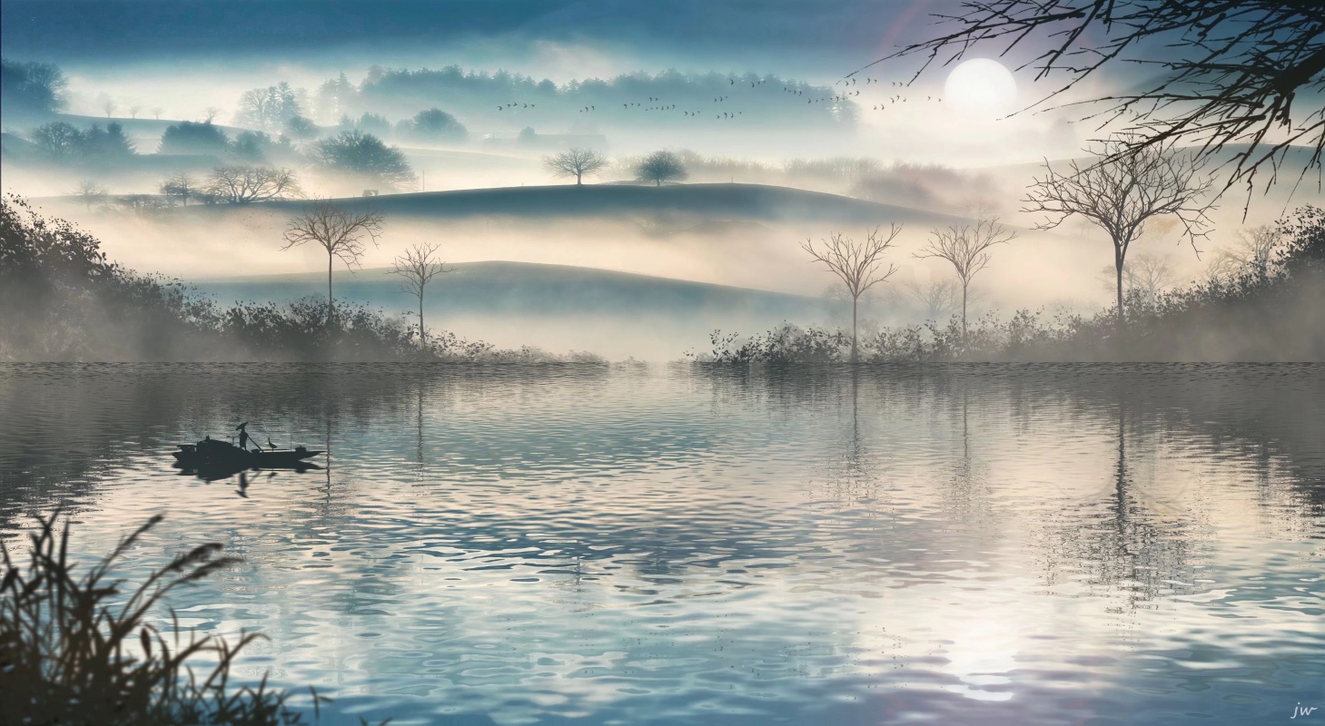 boat, landscape, original, reflection, scenic, signed, skyrick9413, sunset