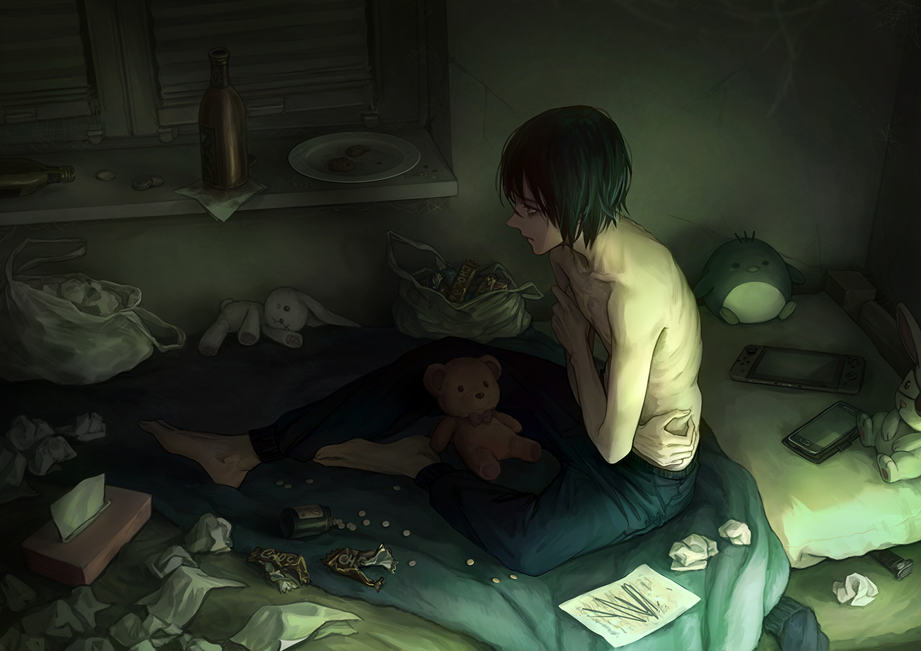 all_male, bed, black_hair, game_console, kazuko_(towa), male, original, paper, topless