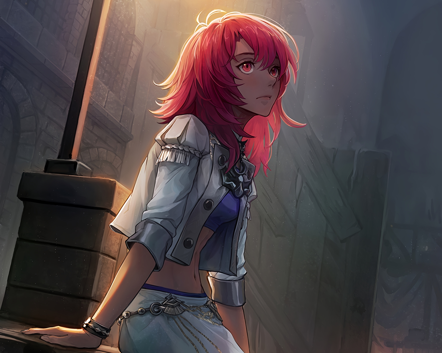 cropped, fire_emblem, hapi_(fire_emblem), kazuko_(towa), navel, red_eyes, red_hair, waifu2x