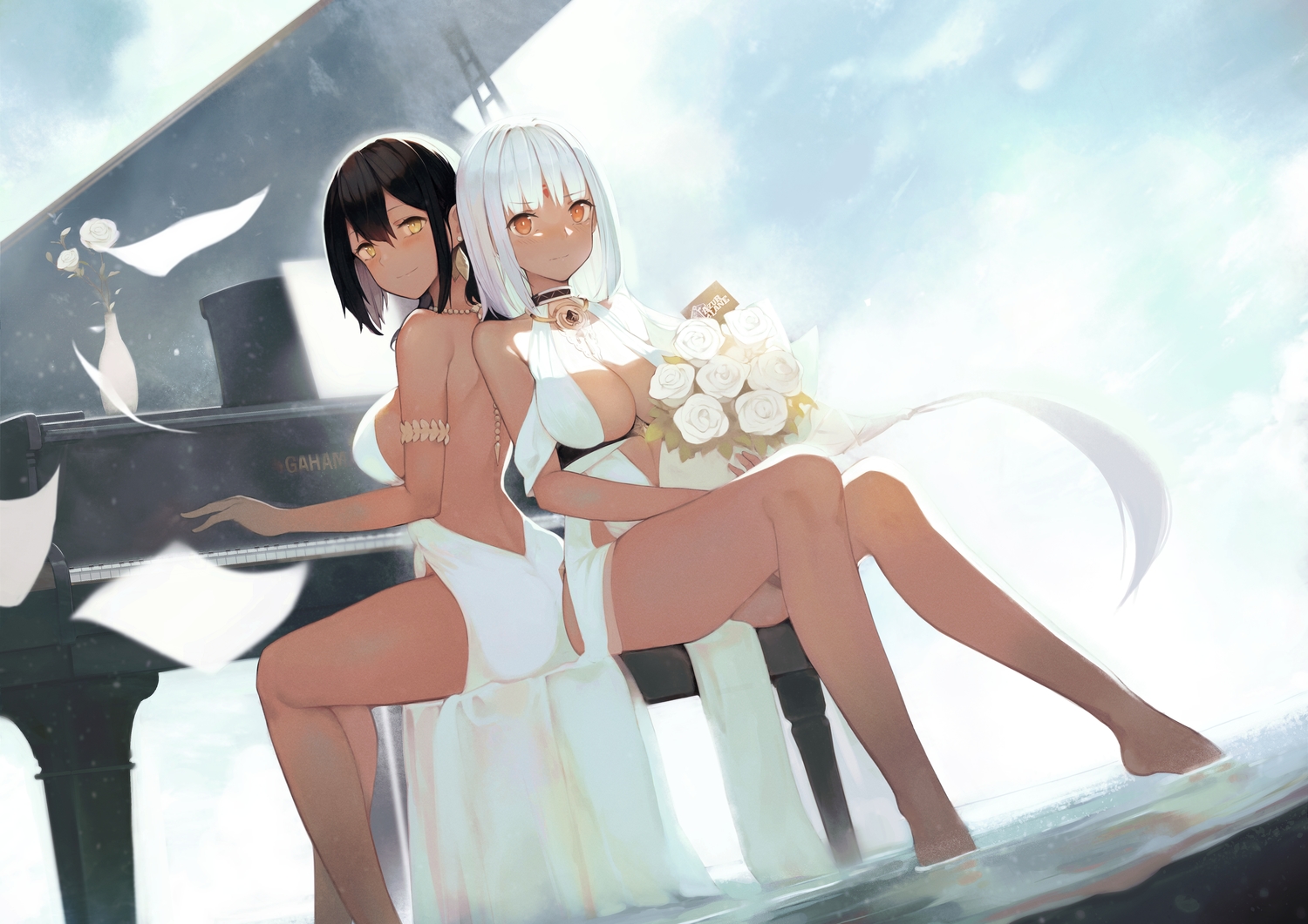 2girls, anthropomorphism, azur_lane, barefoot, black_hair, breasts, cleavage, dark_skin