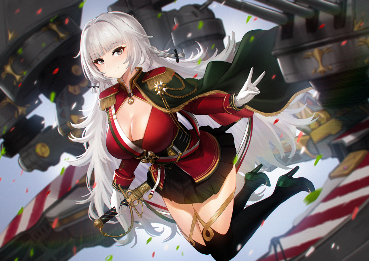 anthropomorphism, azur_lane, breasts, cleavage, edward_montenegro, long_hair, mechagirl, military
