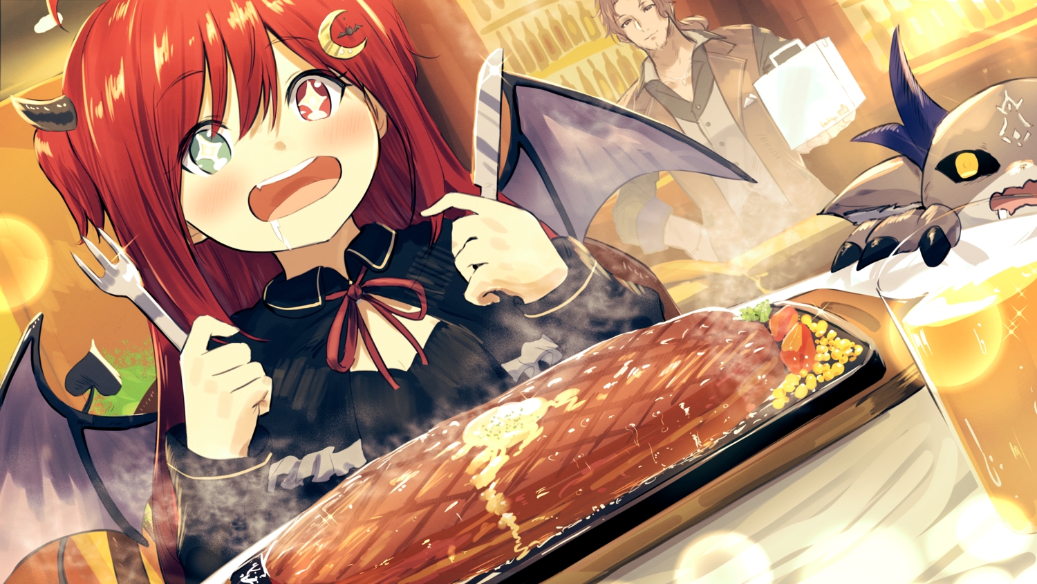 belmond_banderas, bicolored_eyes, debidebi_debiru, demon, drink, food, horns, male, misaki_nonaka, nijisanji, red_hair, tail, wings, yuzuki_roa