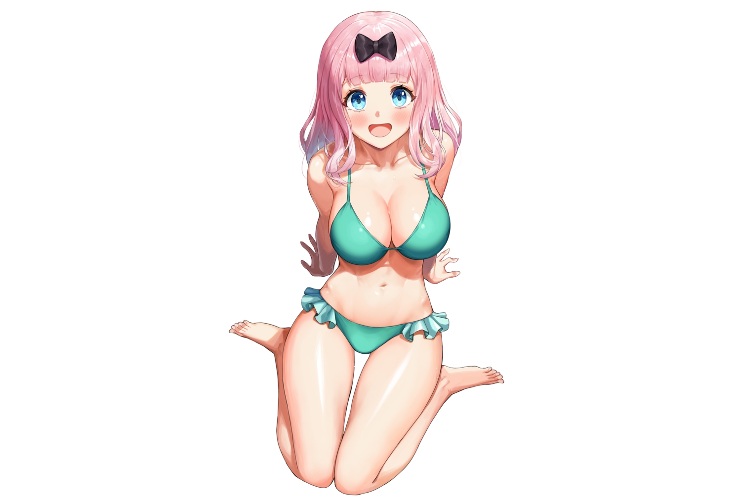 aqua_eyes, barefoot, bikini, blush, bow, breasts, cleavage, fujiwara_chika