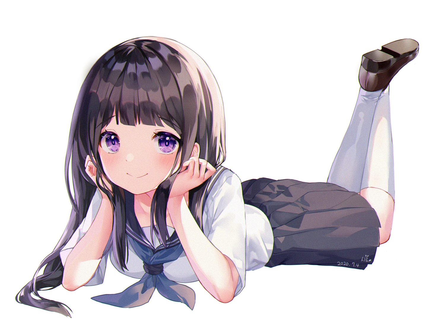 black_hair, blush, chitanda_eru, hyouka, kneehighs, long_hair, purple_eyes, school_uniform