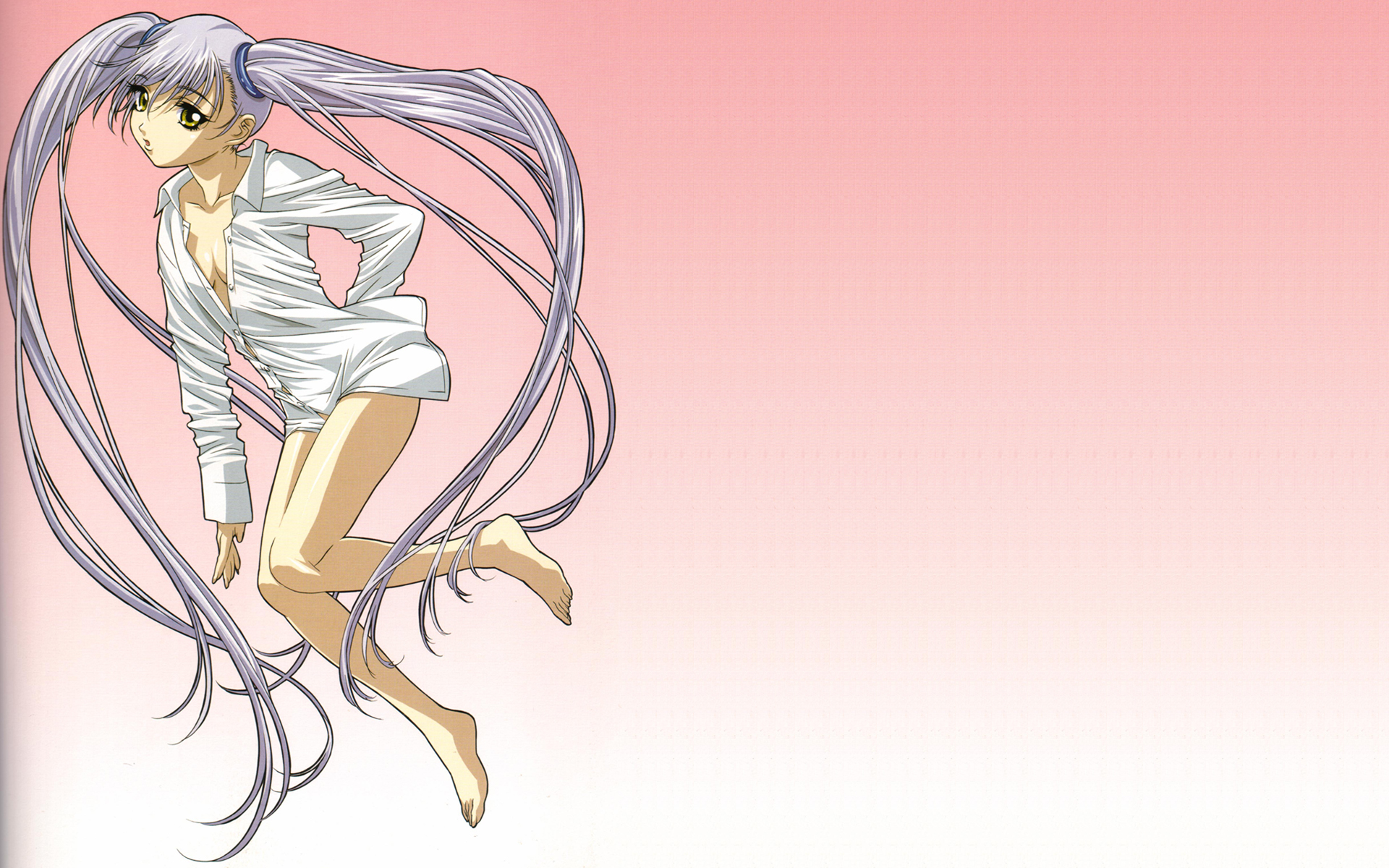 barefoot, breasts, cleavage, gray_hair, hoshino_ruri, long_hair, martian_successor_nadesico, open_shirt