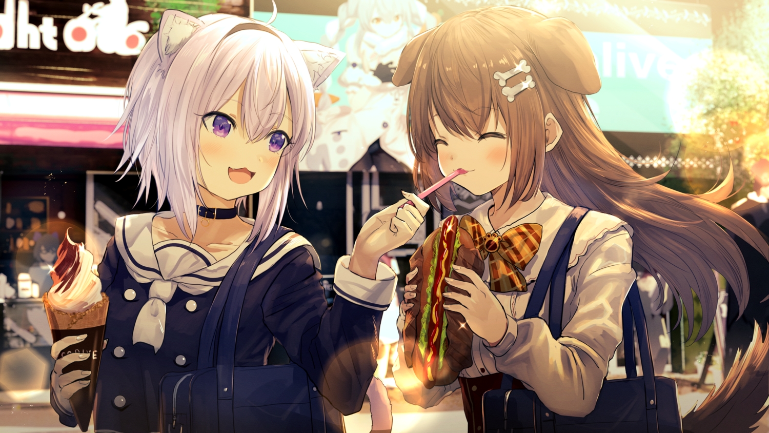 2girls, animal_ears, catgirl, cat_smile, doggirl, food, hololive, ice_cream