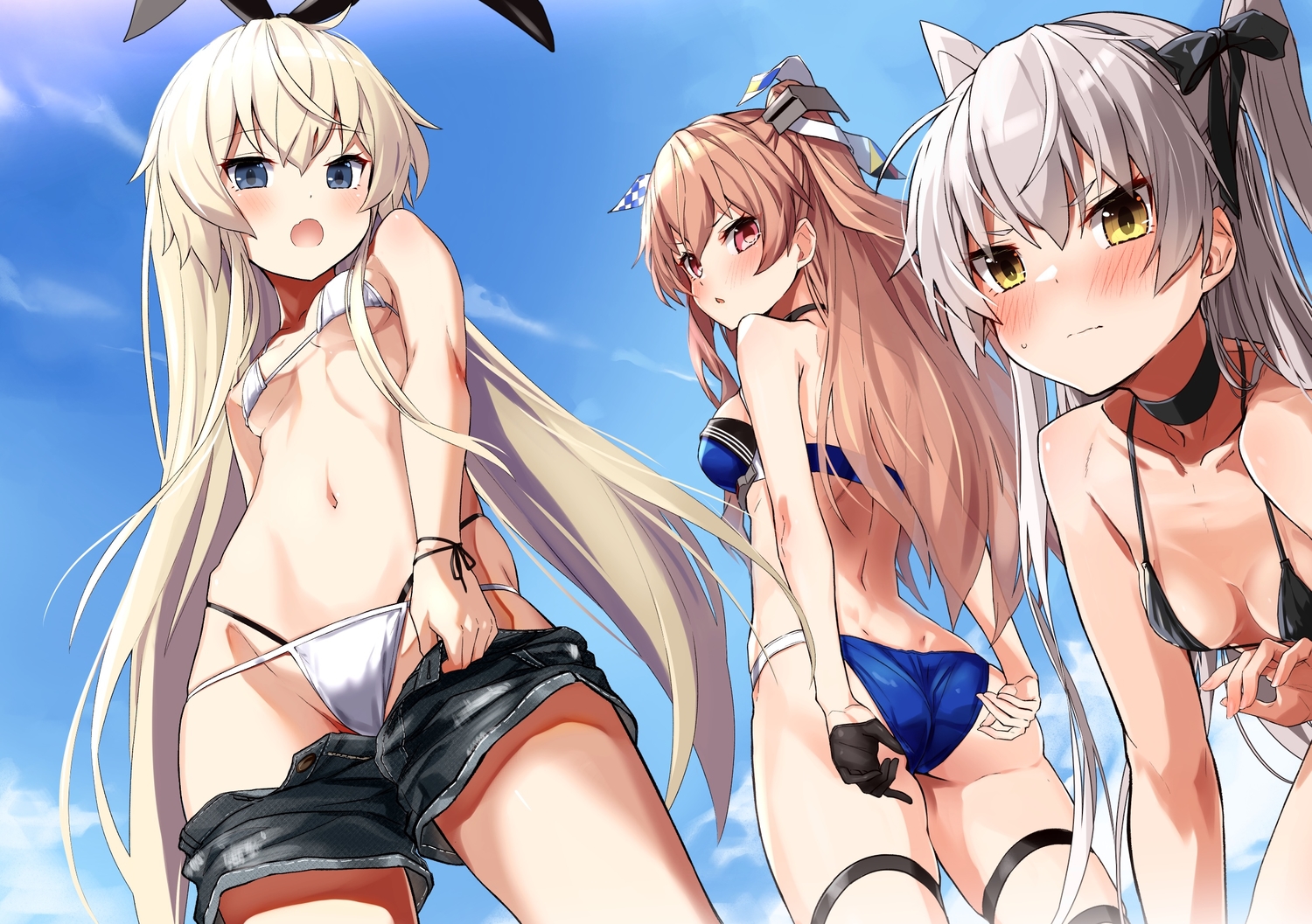 amatsukaze_(kancolle), anthropomorphism, ass, bikini, blonde_hair, blue_eyes, blush, brown_hair