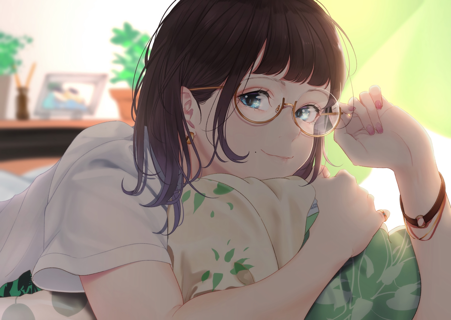 aqua_eyes, brown_hair, glasses, original, saitou_(lynx-shrike), wristwear