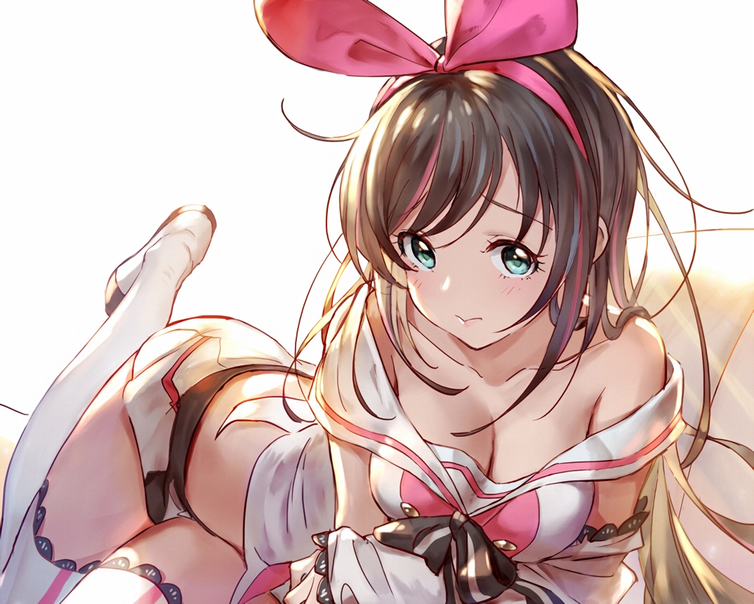 77gl, a.i._channel, aqua_eyes, blush, bow, breasts, brown_hair, cleavage