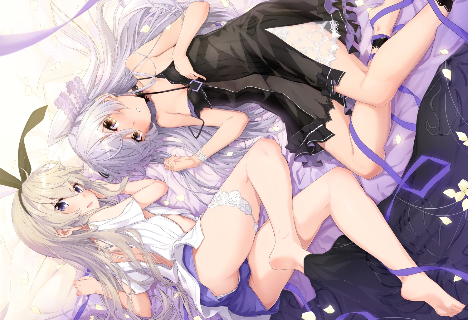 2girls, amatsukaze_(kancolle), anthropomorphism, barefoot, blonde_hair, blush, brown_eyes, dress, headband, kantai_collection, long_hair, purple_eyes, ribbons, shimakaze_(kancolle), shorts, takanashi_kei_(hitsujikan), white_hair