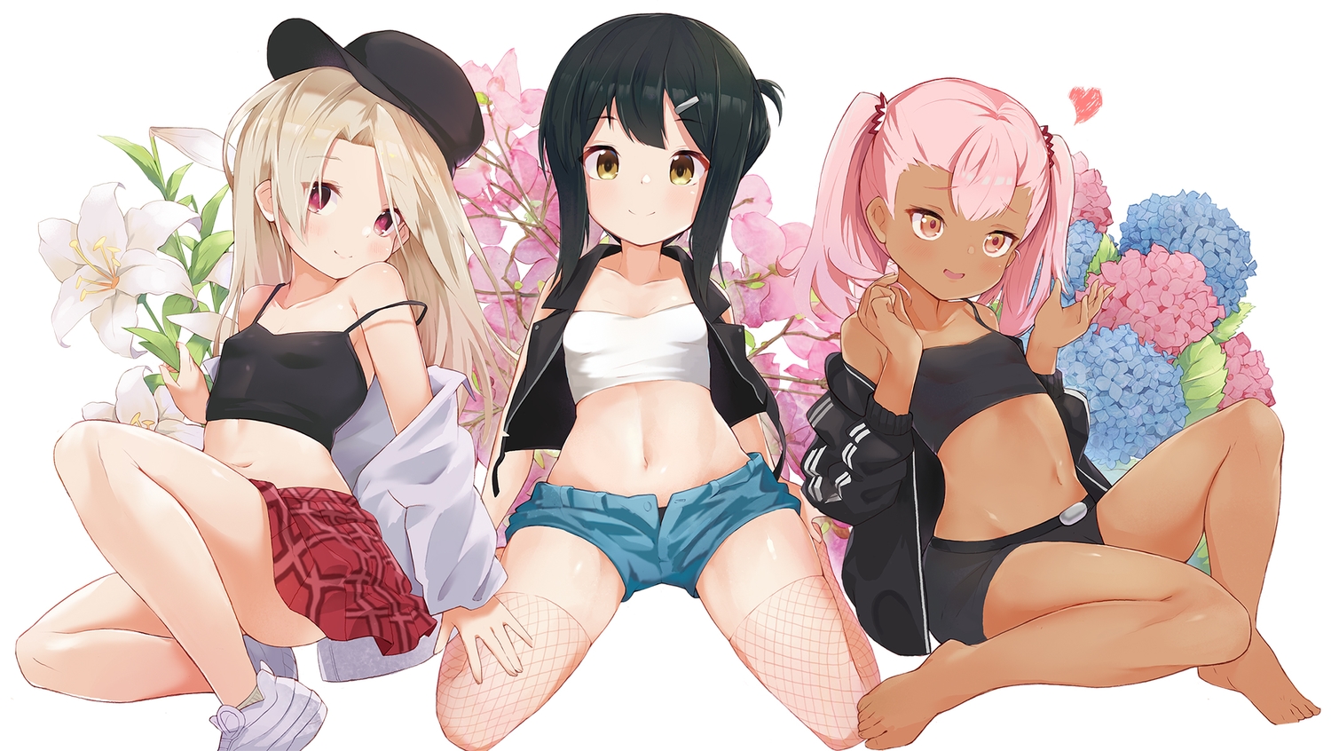 chloe_von_einzbern, dark_skin, fate/kaleid_liner_prisma_illya, fate_(series), flowers, illyasviel_von_einzbern, loli, miyu_edelfelt