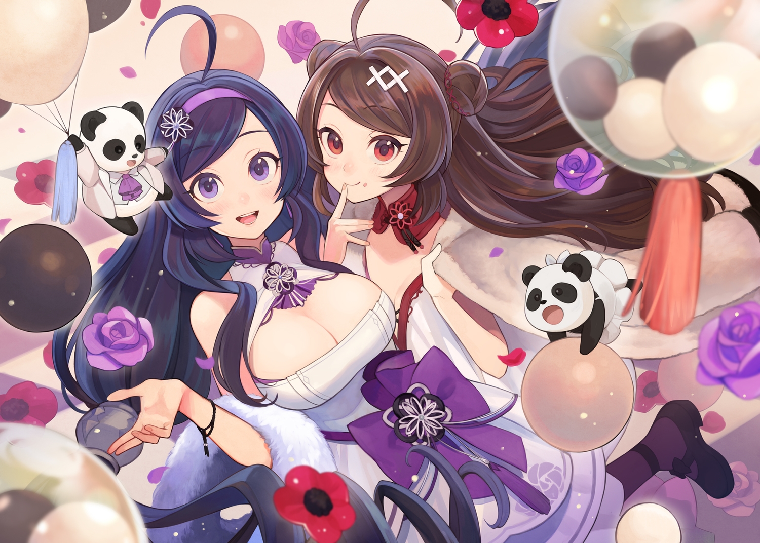 2girls, anthropomorphism, azur_lane, dress, flowers, long_hair, ning_hai_(azur_lane), ping_hai_(azur_lane)