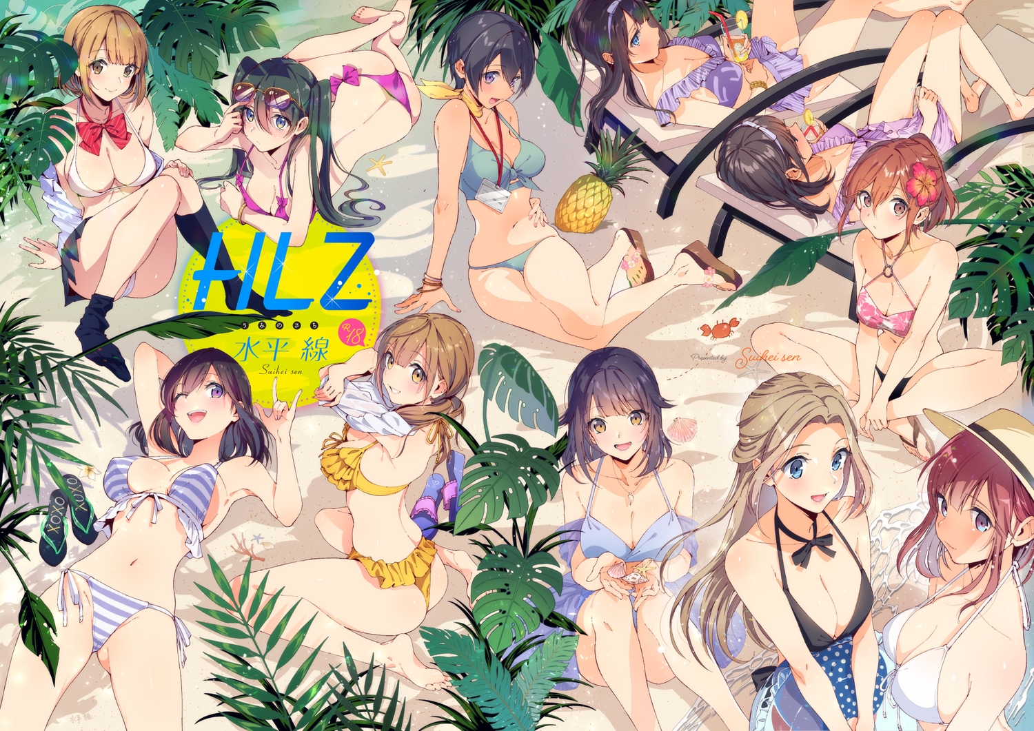 ass, beach, bikini, drink, group, long_hair, open_shirt, original, school_uniform, shirt_lift, short_hair, signed, suiheisen, swimsuit