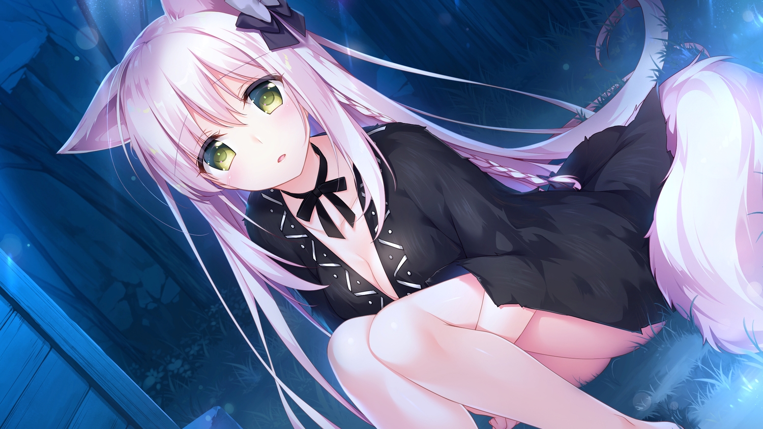 animal_ears, blush, braids, breasts, cleavage, dress, game_cg, green_eyes, kemono_musume_no_sodatekata, long_hair, motomiya_mitsuki, pink_hair, sakuraba_iroha, sweet&tea, tail, wolfgirl