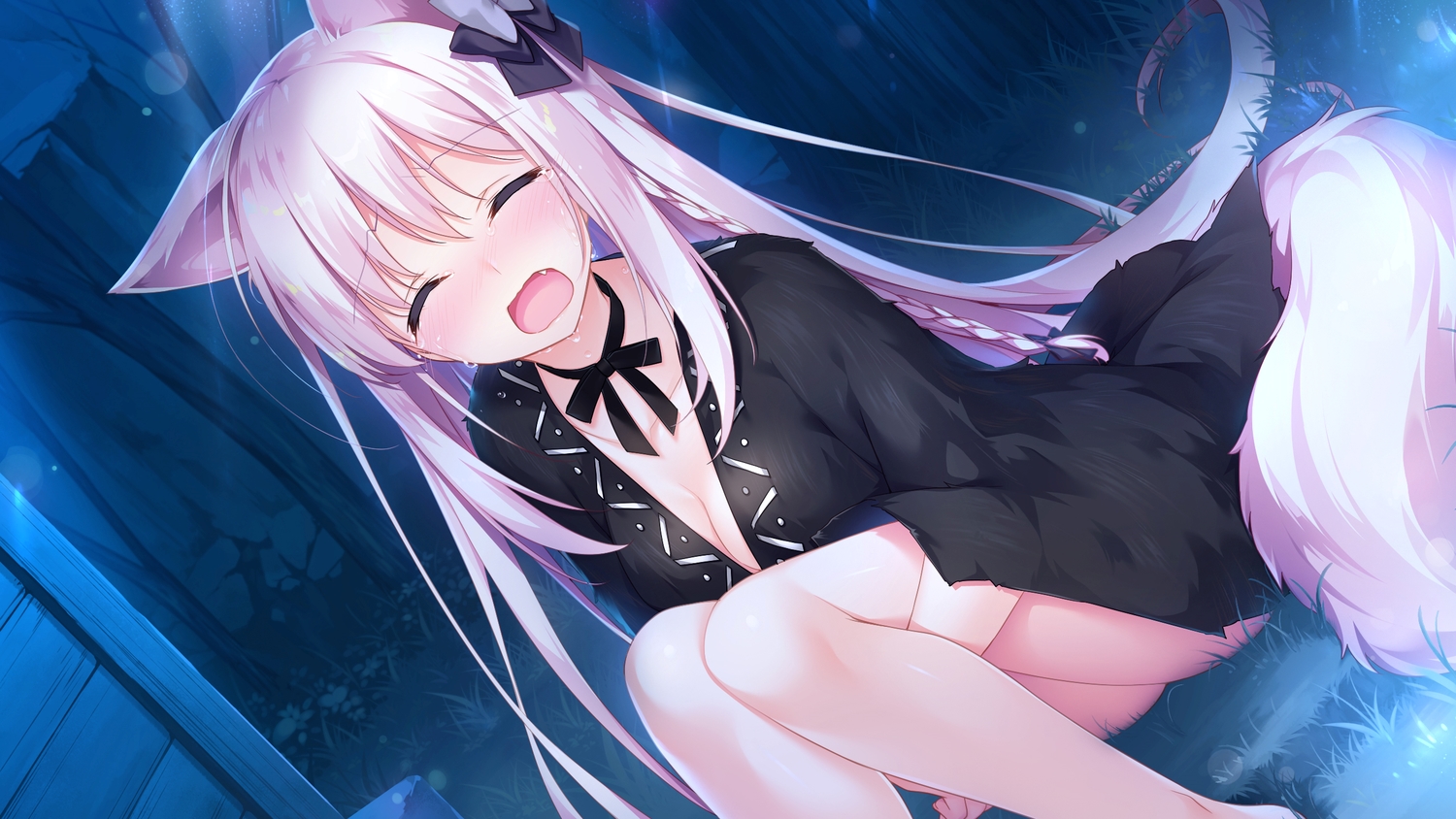 animal_ears, blush, braids, breasts, cleavage, crying, dress, game_cg