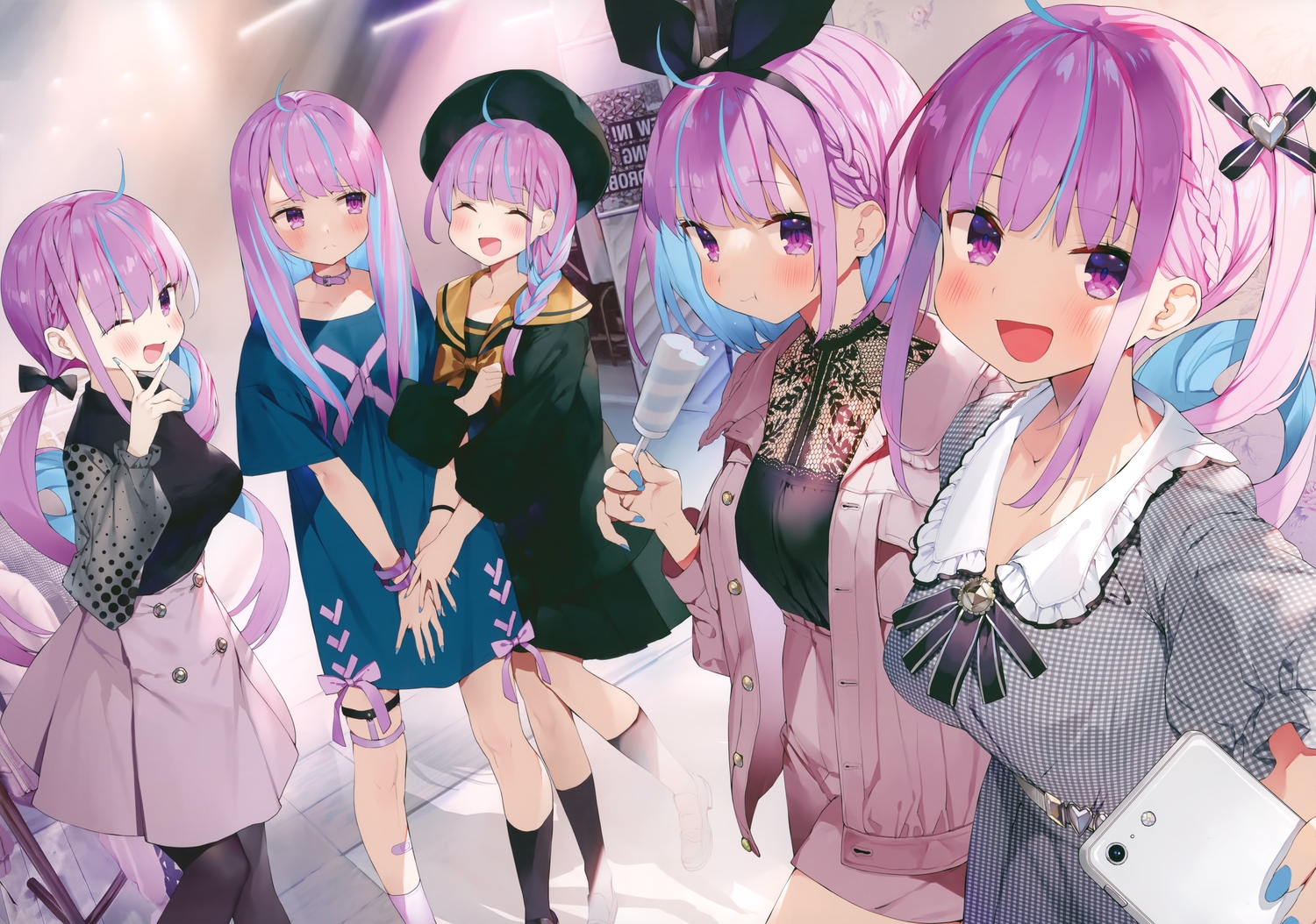 blush, bow, braids, collar, dress, gaou_(umaiyo_puyoman), group, hat