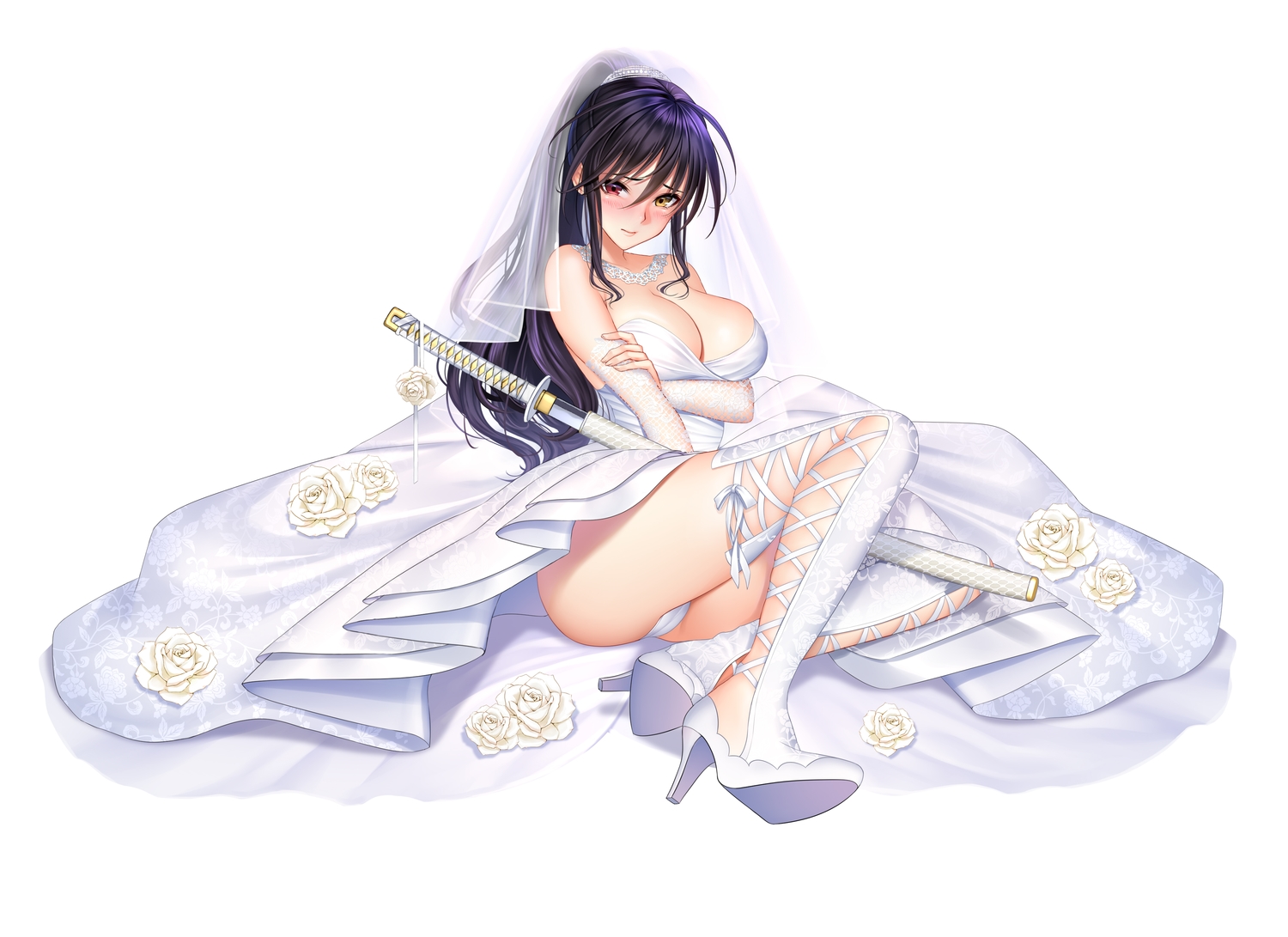 bicolored_eyes, black_hair, breast_hold, breasts, cameltoe, cleavage, dress, katana, long_hair, panties, ponytail, re:shimashima, sword, tokyo_exe_girls, underwear, weapon, wedding_attire, white