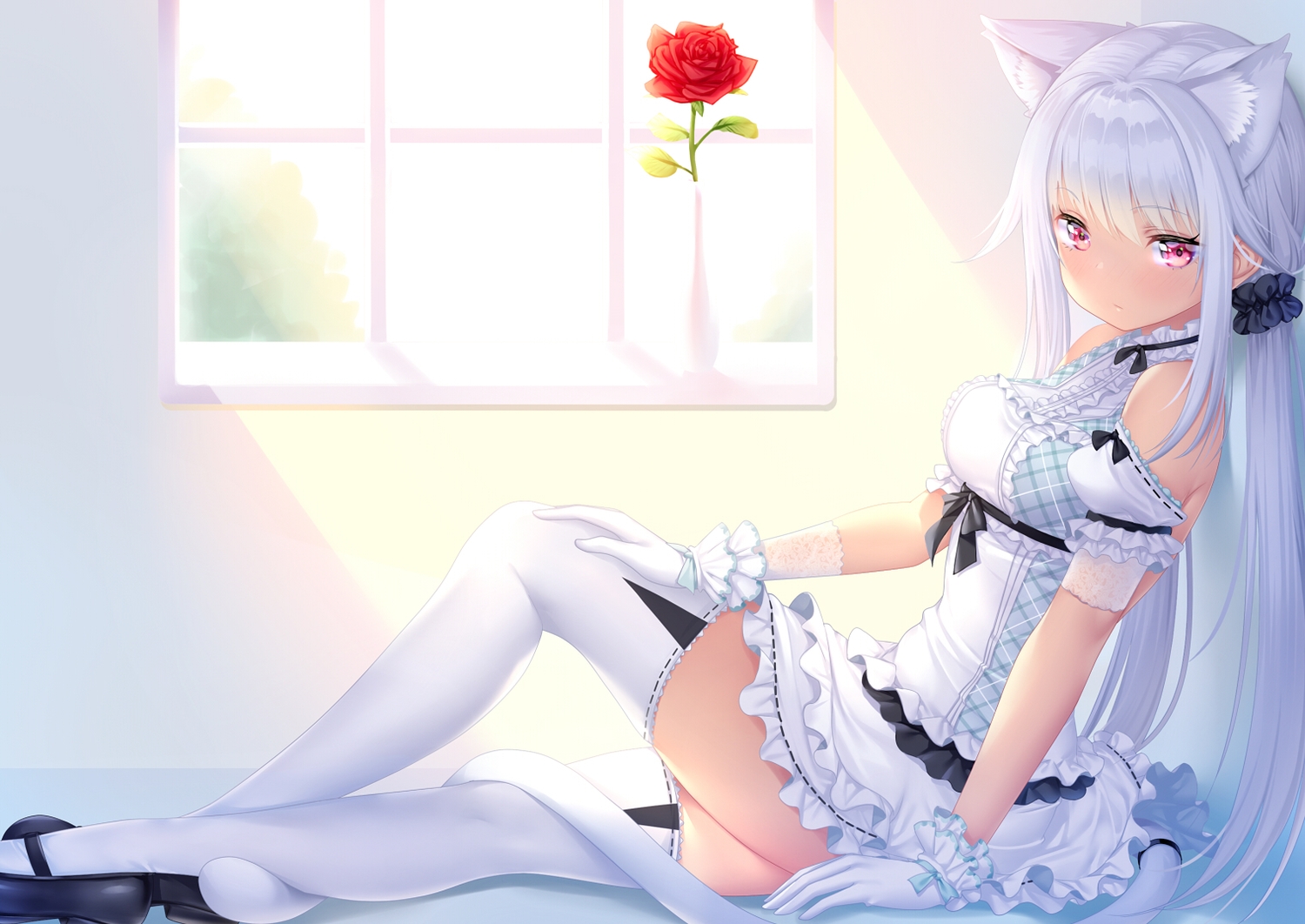 animal_ears, catgirl, flowers, gloves, lolita_fashion, long_hair, original, red_eyes, rose, tail, thighhighs, white_hair, zizi_(zz22)