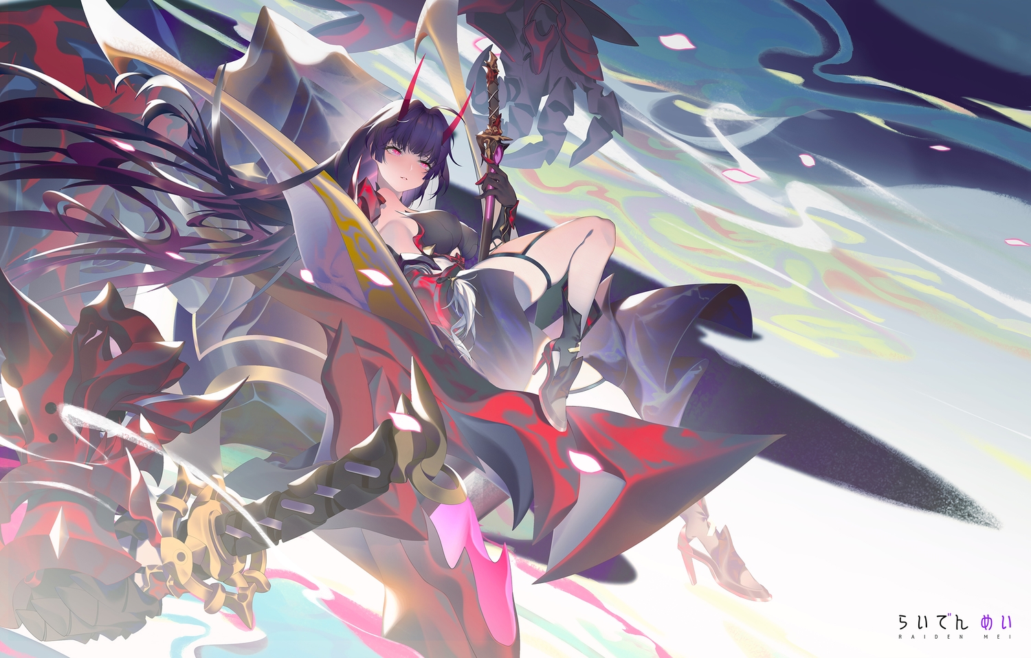honkai_impact, honkai_(series), horns, long_hair, pink_eyes, purple_hair, raiden_mei, sword