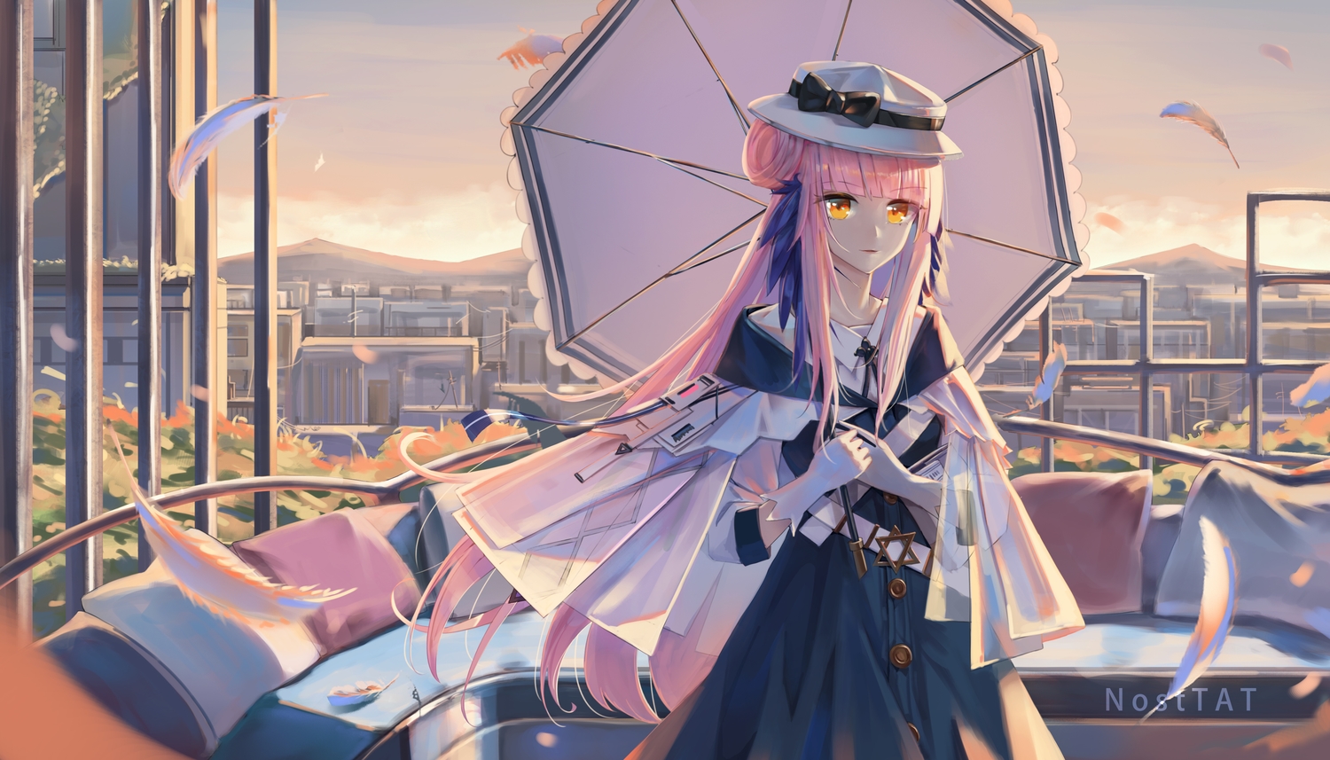 arknights, ceylon_(arknights), feathers, hat, long_hair, nosttat, sky, umbrella