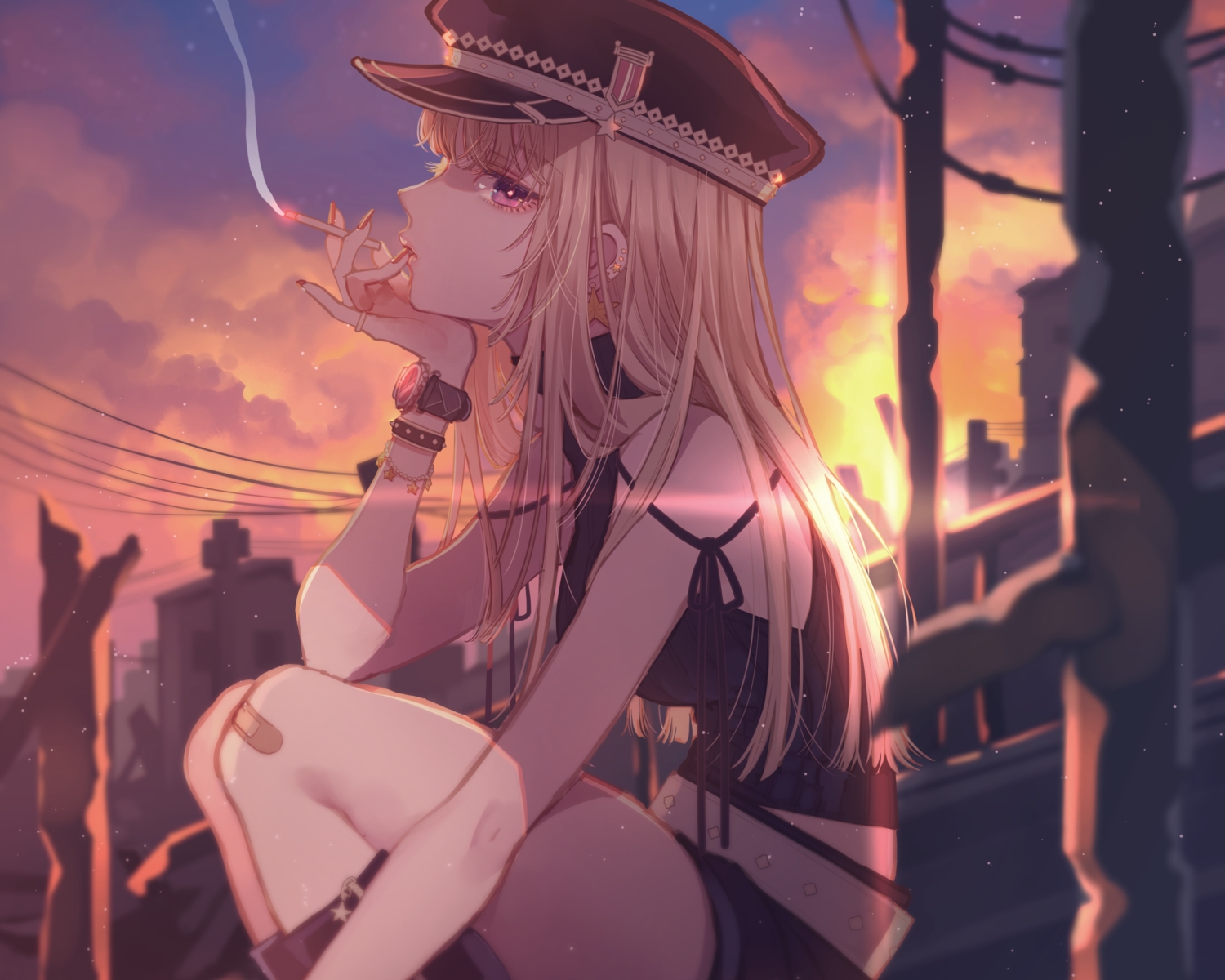778-go, bandaid, blonde_hair, cigarette, clouds, cropped, hat, kneehighs