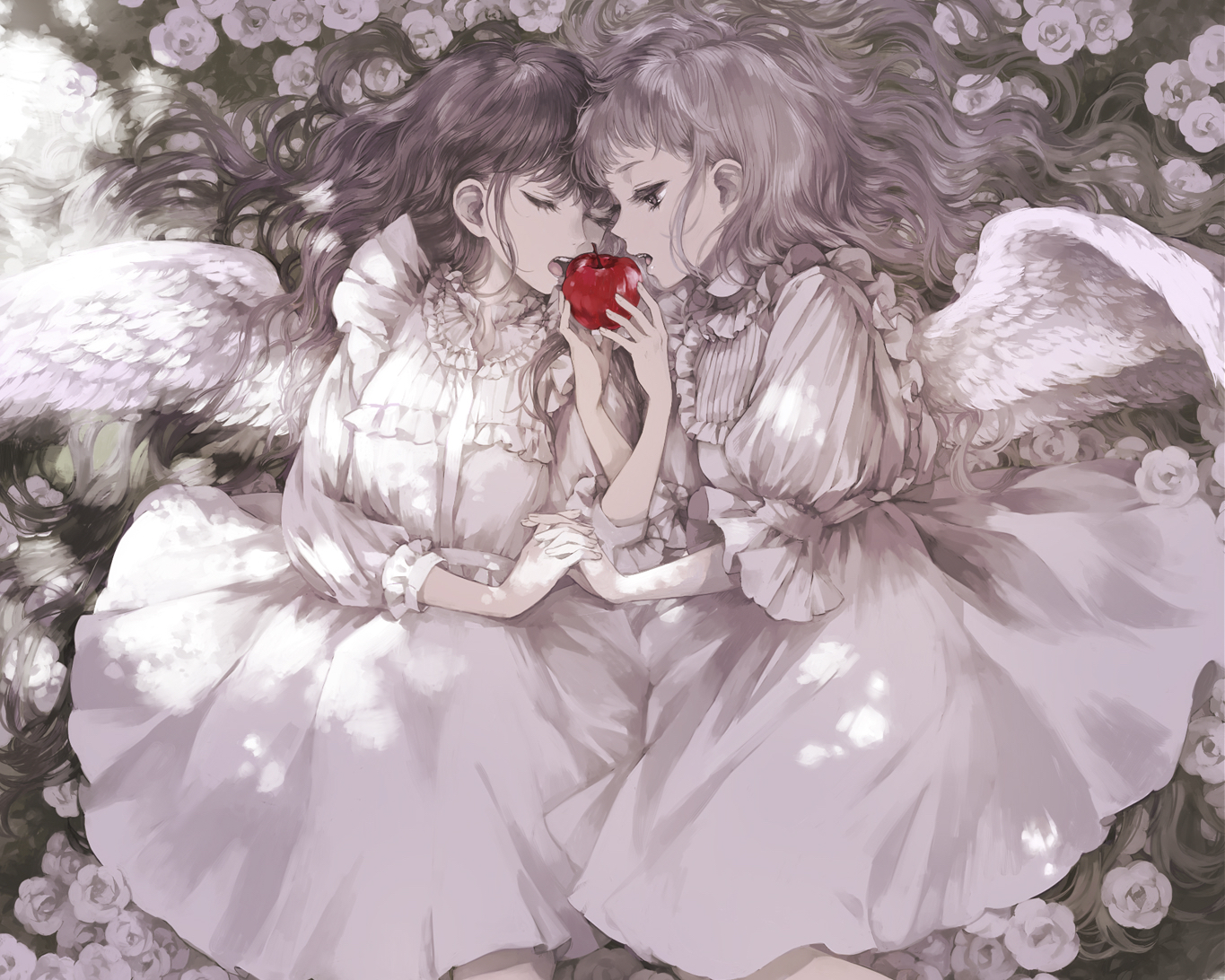 2girls, angel, apple, black_hair, cropped, dress, flowers, food