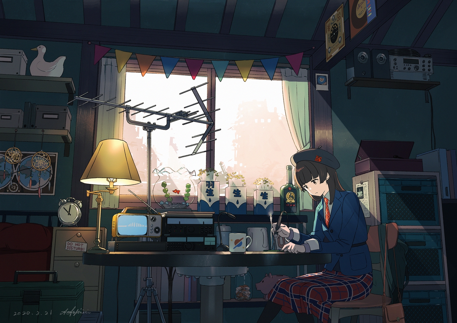 animal, ao_fujimori, brown_eyes, brown_hair, drink, fish, hat, original, signed, skirt, tie