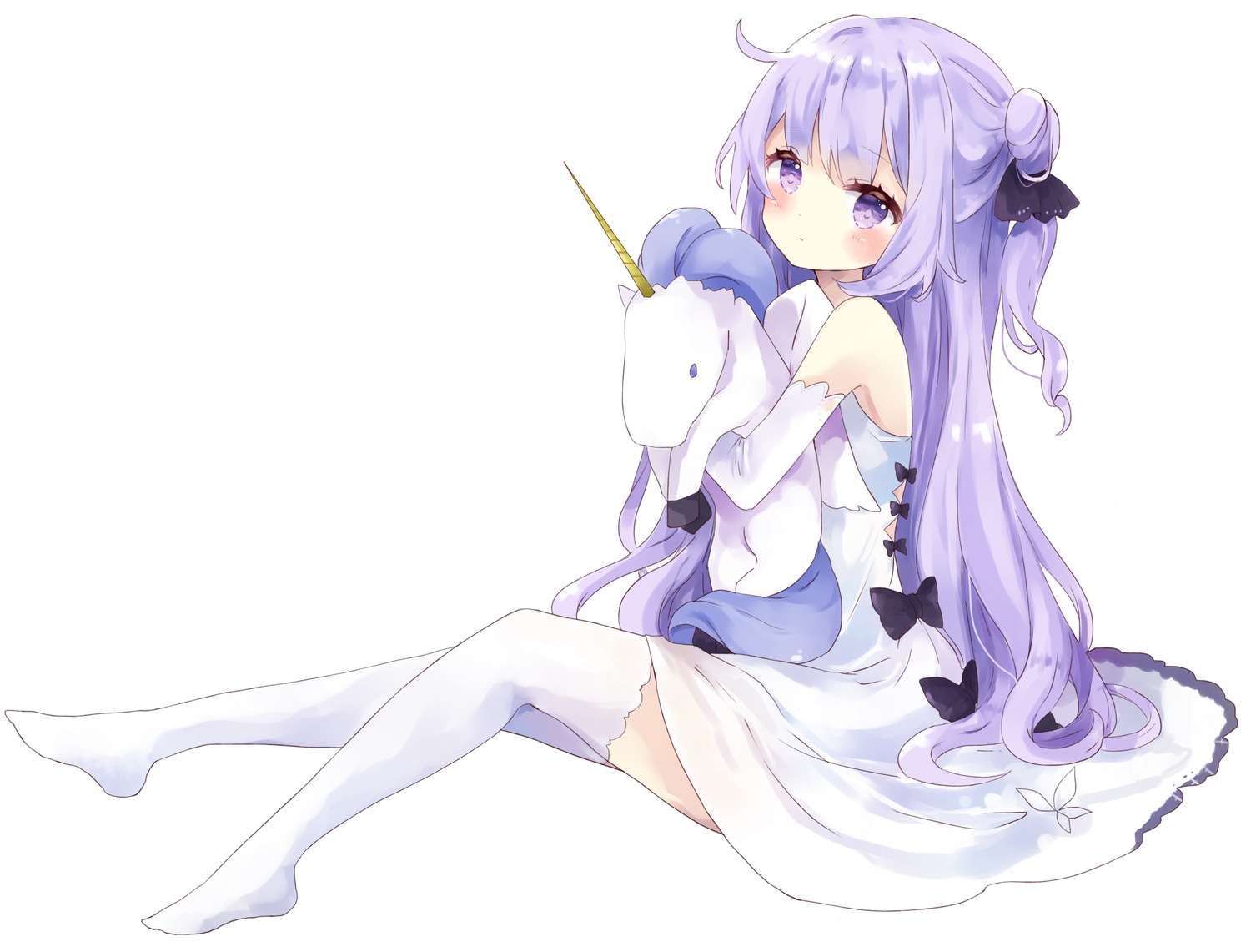 animal, anthropomorphism, azur_lane, bow, dress, horse, long_hair, purple_eyes, purple_hair, thighhighs, tsukiyo_(skymint), unicorn, unicorn_(azur_lane), white