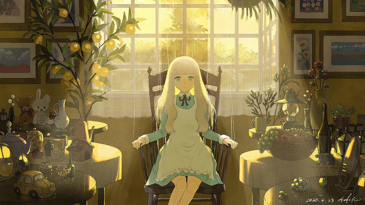 ao_fujimori, apple, apron, blonde_hair, blue_eyes, bunny, candy, doll, dress, food, fruit, long_hair, original, puppet, signed, teddy_bear, tree