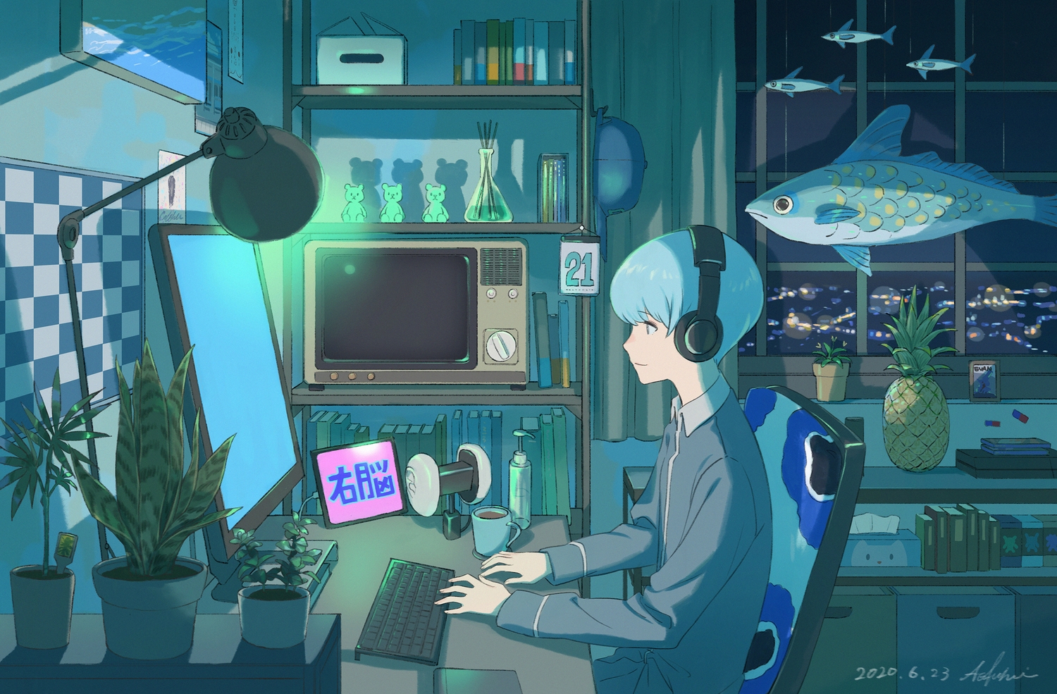 all_male, animal, ao_fujimori, aqua_hair, blue_eyes, book, computer, drink