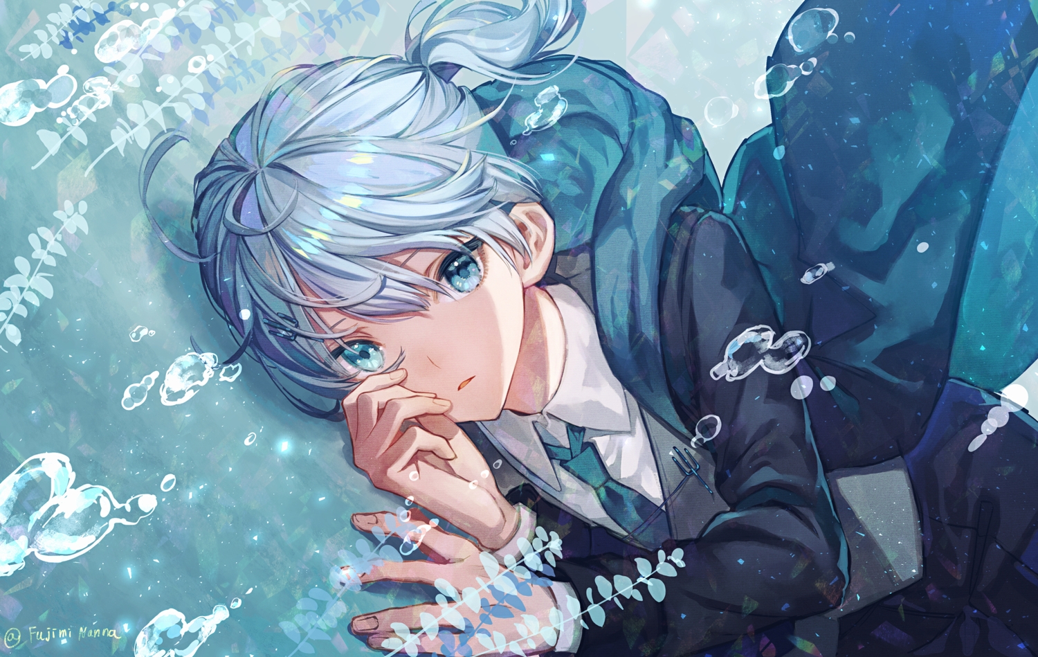 778-go, all_male, aqua_eyes, blue_eyes, blue_hair, bubbles, hood, male