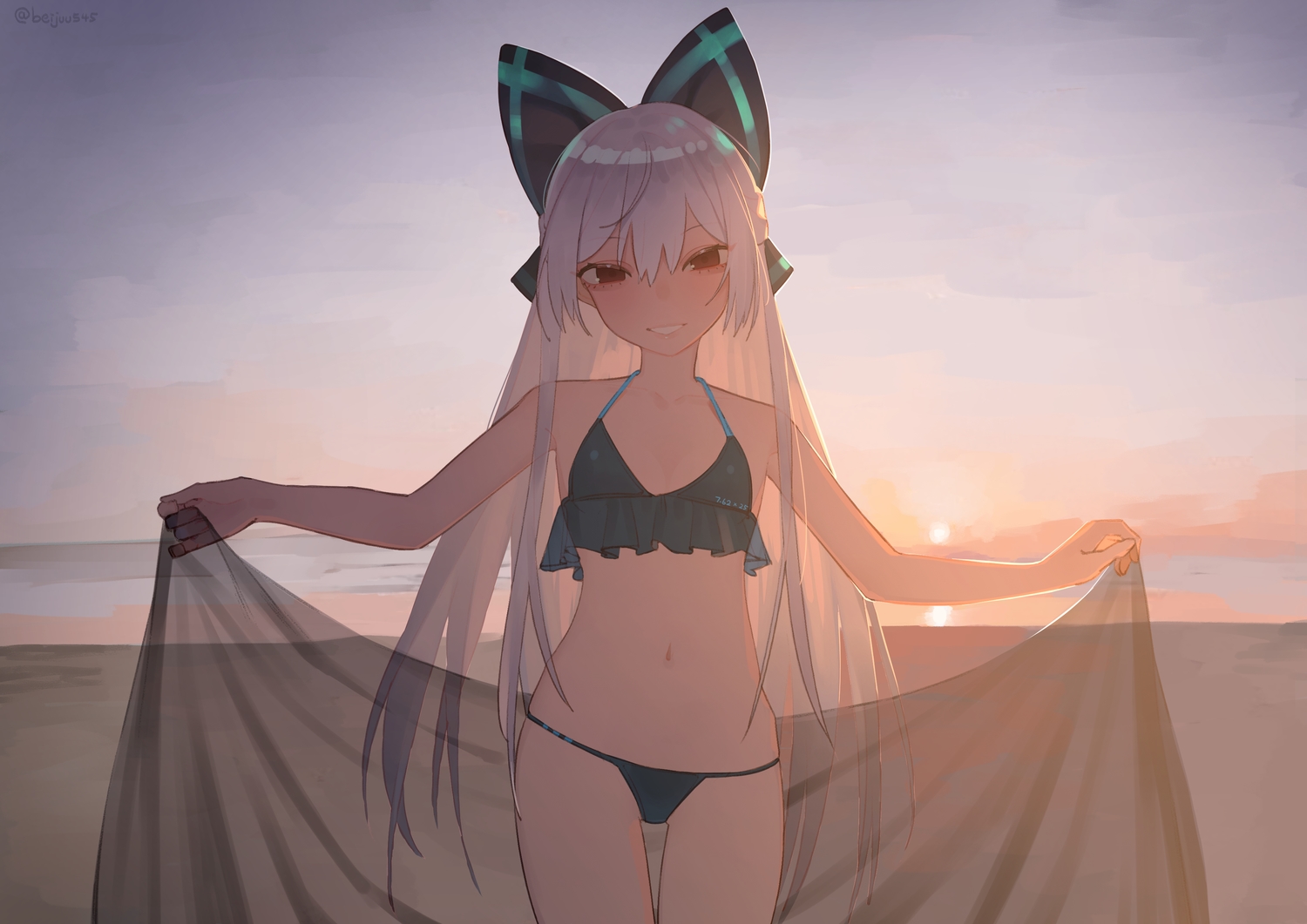 anthropomorphism, beach, bikini, bow, girls_frontline, juz, long_hair, navel, signed, sunset, swimsuit, tokarev_(girls_frontline), water, white_hair