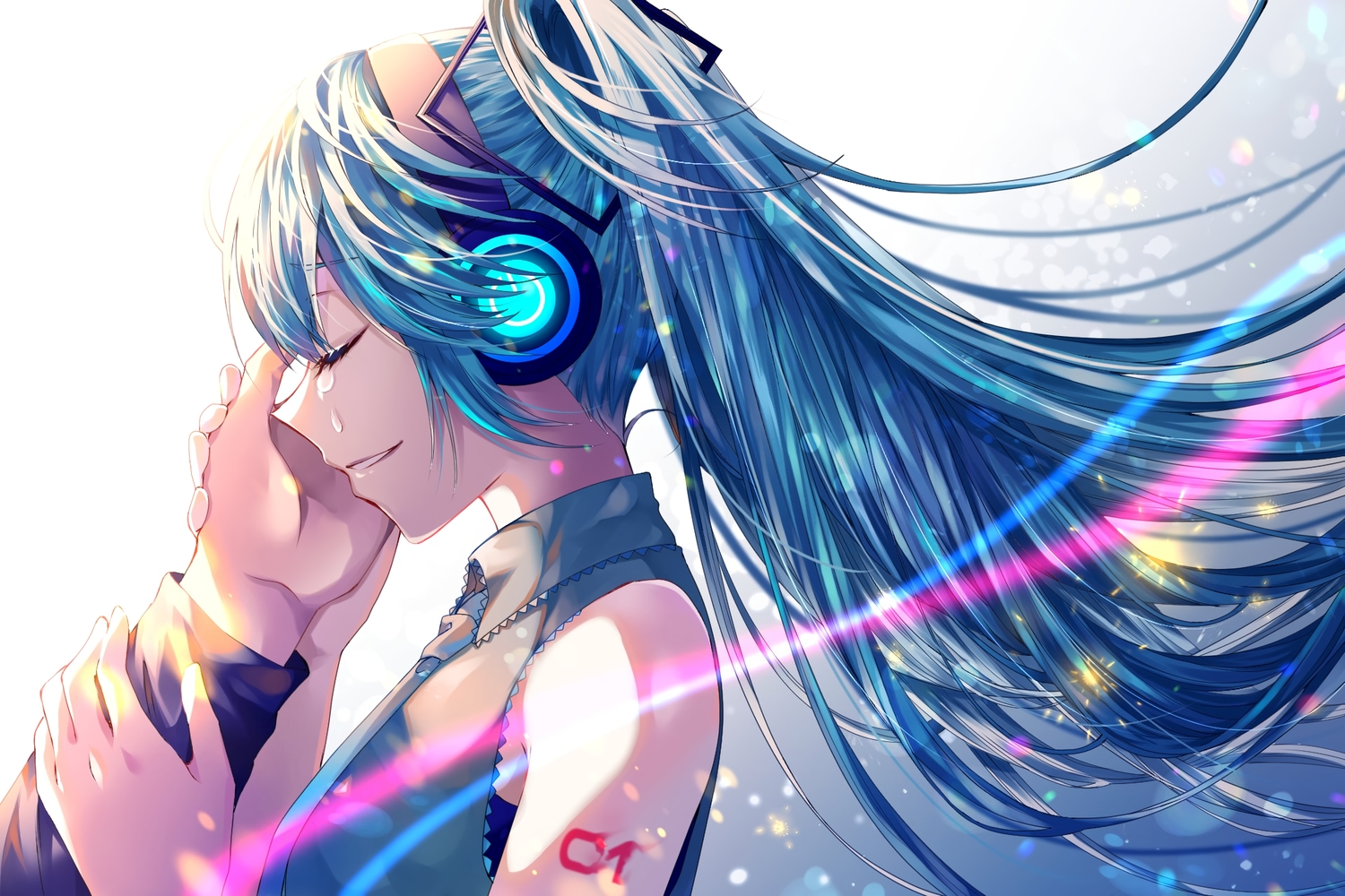 aqua_hair, crying, hatsune_miku, headphones, long_hair, shirayuki_towa, tattoo, tears