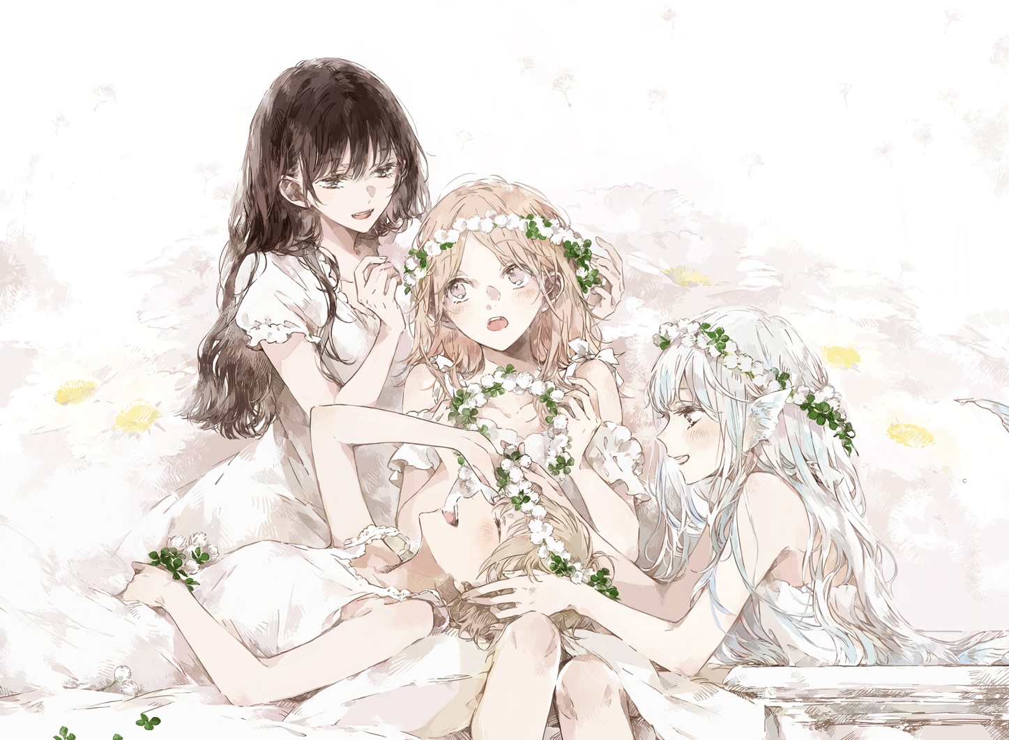 blonde_hair, blush, brown_hair, dress, flowers, group, headdress, kakmxxxny06