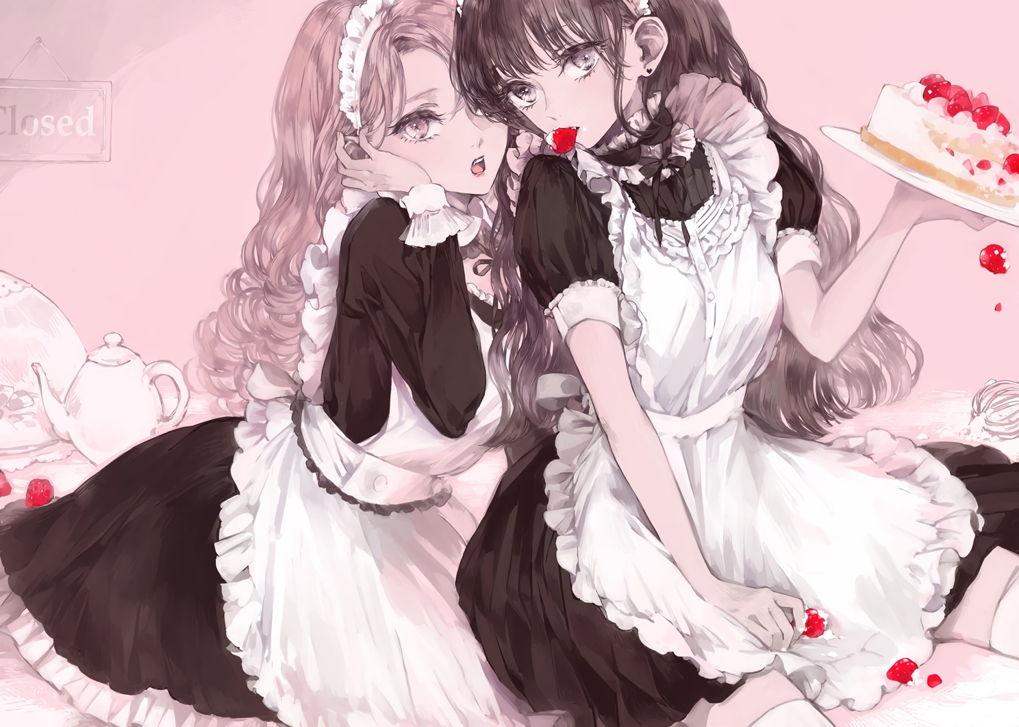 2girls, apron, black_eyes, black_hair, cake, drink, food, fruit