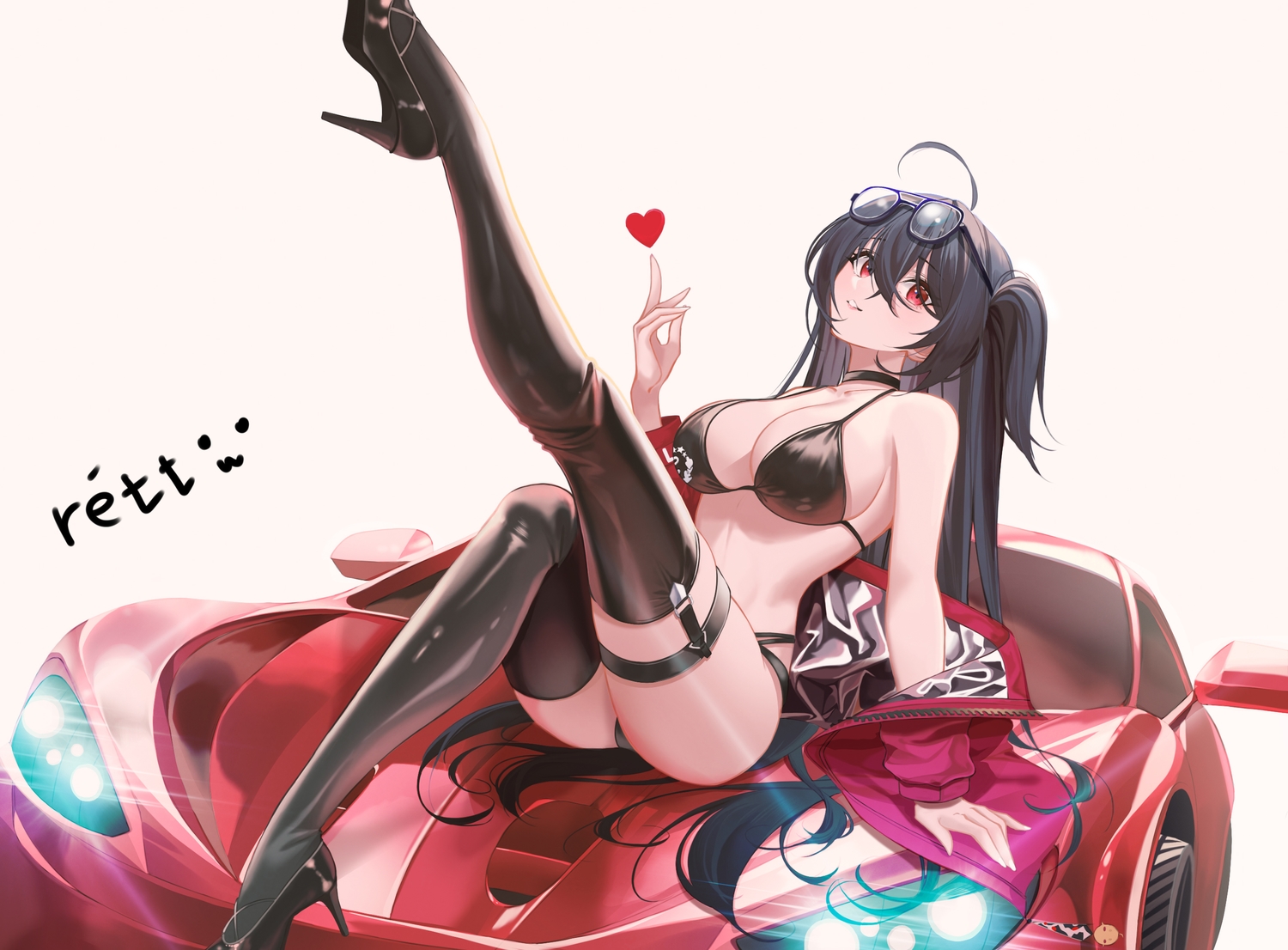 anthropomorphism, azur_lane, bikini, car, ildanbaggobwa, sunglasses, swimsuit, taihou_(azur_lane), thighhighs