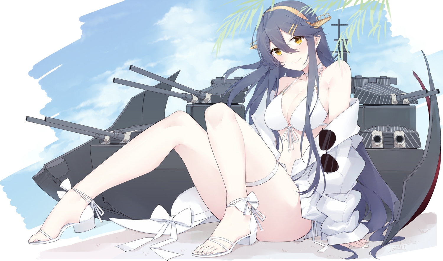anthropomorphism, bikini, black_hair, haruna_(kancolle), ieufg, kantai_collection, long_hair, mechagirl