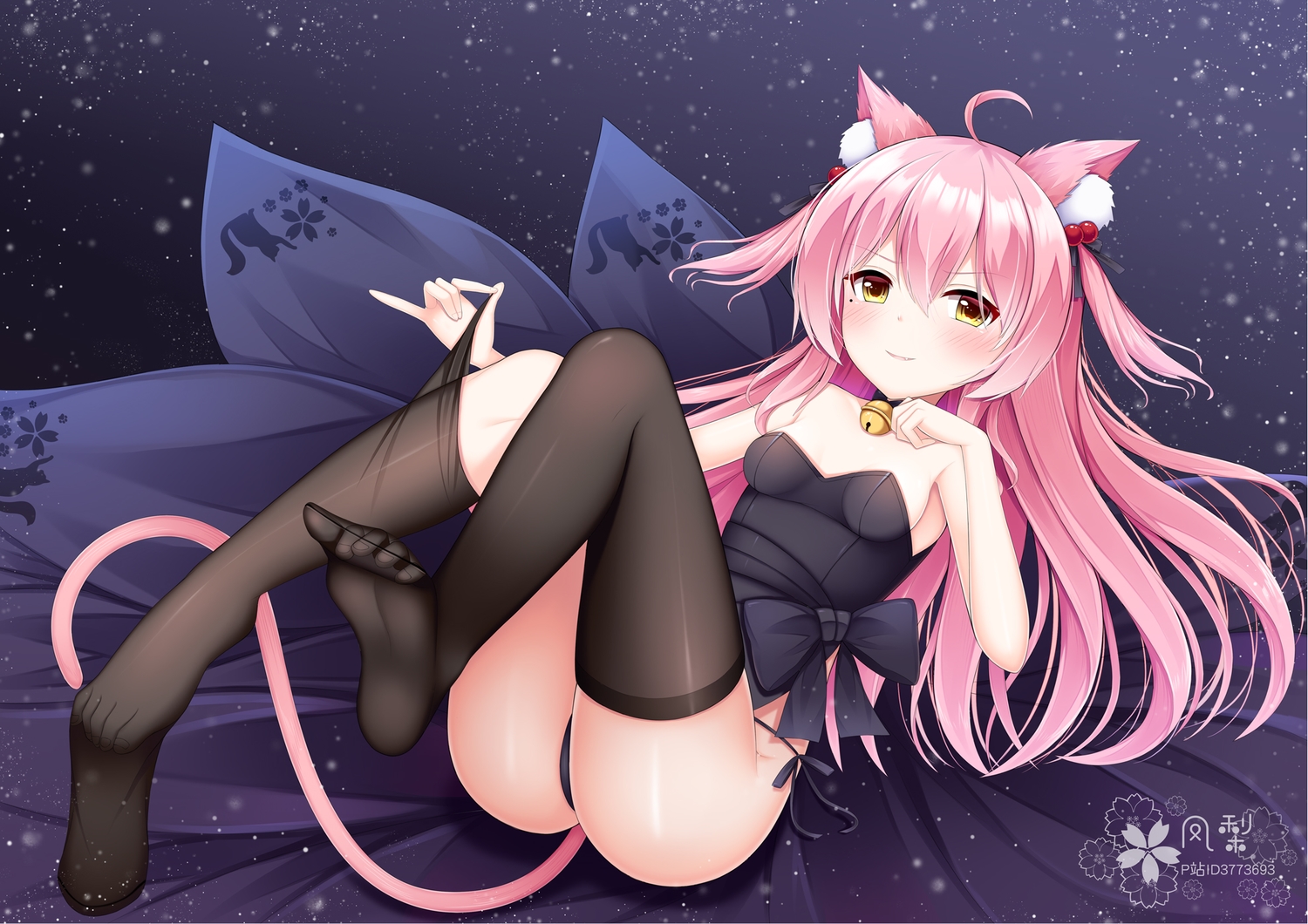 animal_ears, catgirl, fengli_(709622571), loli, long_hair, original, pink_hair, tail, thighhighs