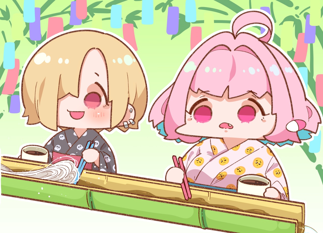 2girls, blonde_hair, blush, fang, food, idolmaster, idolmaster_cinderella_girls, japanese_clothes, pink_eyes, pink_hair, shirasaka_koume, short_hair, summer, takatoo_kurosuke, waifu2x, water, yukata, yumemi_riamu