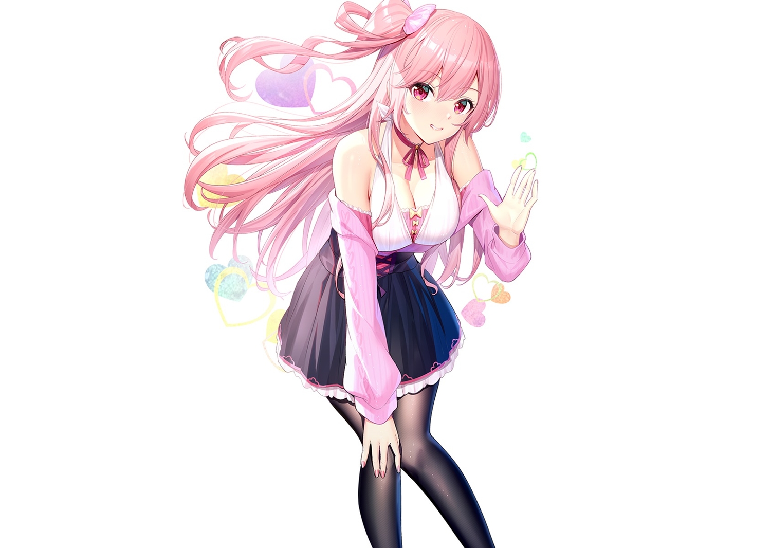 blush, breasts, choker, cleavage, emily_stock, heart, long_hair, original, pantyhose, pink_eyes, pink_hair, ponytail, ribbons, ririko_(zhuoyandesailaer), skirt, white
