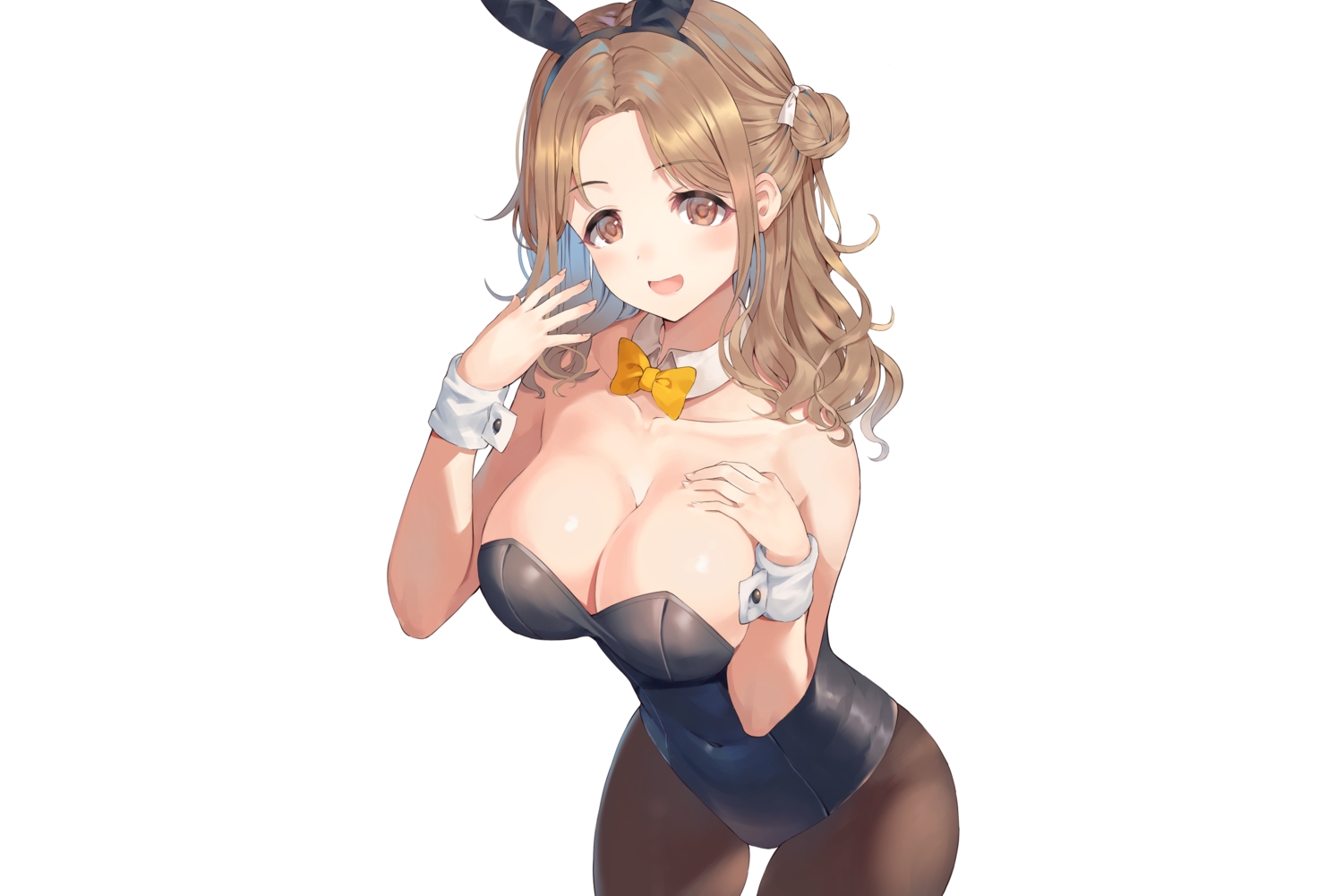 animal_ears, breast_hold, breasts, brown_eyes, brown_hair, bunny_ears, bunnygirl, cleavage
