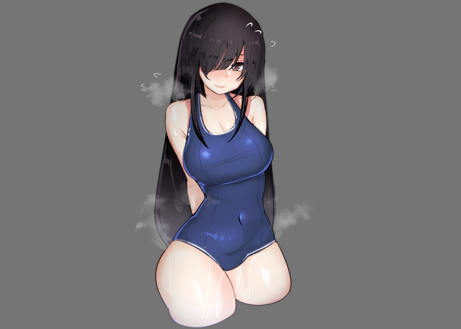 black_hair, blush, brown_eyes, long_hair, original, rib:y(uhki), school_swimsuit, swimsuit