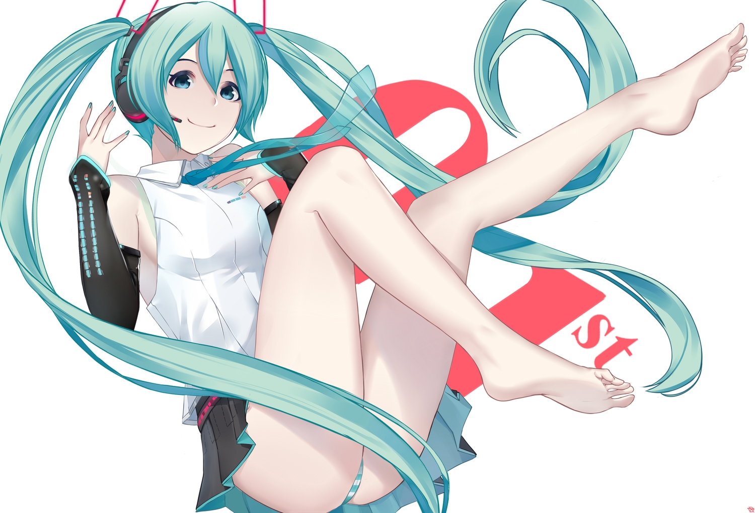 aqua_eyes, aqua_hair, barefoot, breasts, elbow_gloves, gloves, hatsune_miku, headphones, panties, skirt, striped_panties, twintails, underwear, upskirt, vocaloid, w4pz, white
