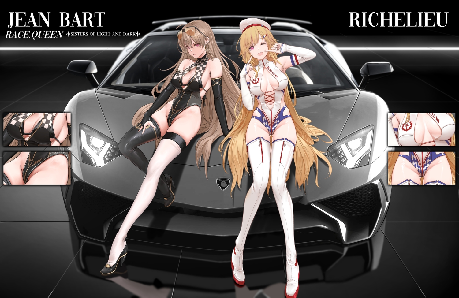 2girls, anthropomorphism, azur_lane, blonde_hair, boots, brown_hair, car, dishwasher1910, elbow_gloves, gloves, hat, jean_bart_(azur_lane), long_hair, navel, purple_eyes, richelieu_(azur_lane), sunglasses, thighhighs, watermark, wink